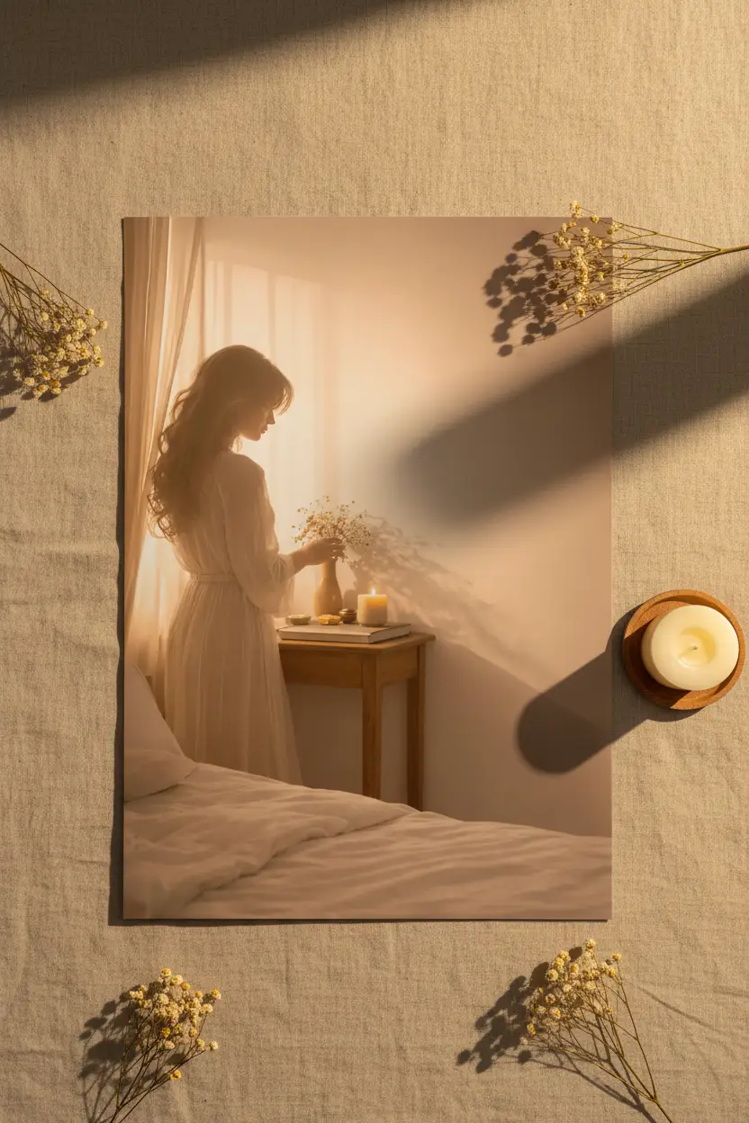 Le Rituel des Fleurs — Minimalist väggaffisch gyllene rum