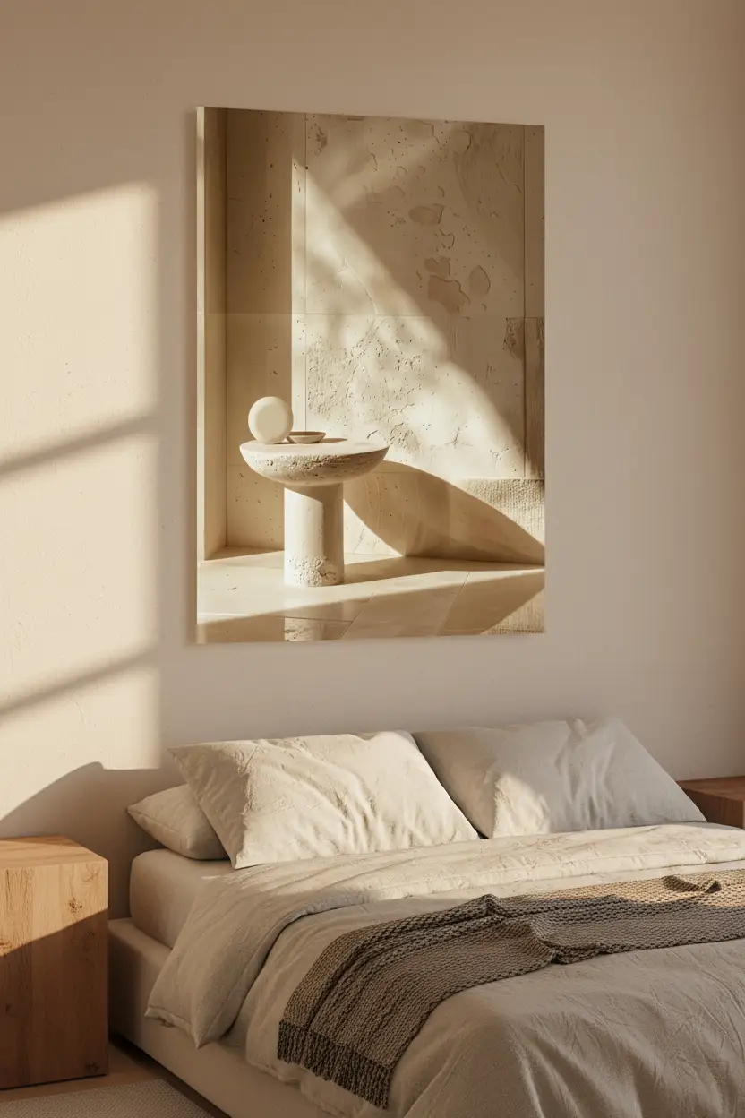 L’Autel de Pierre — Affiche murale minimaliste travertin table sculpturale sphère ivoire minéral, affiche murale minimaliste avec cadre bois, décoration murale salon ou chambre, style méditerranéen