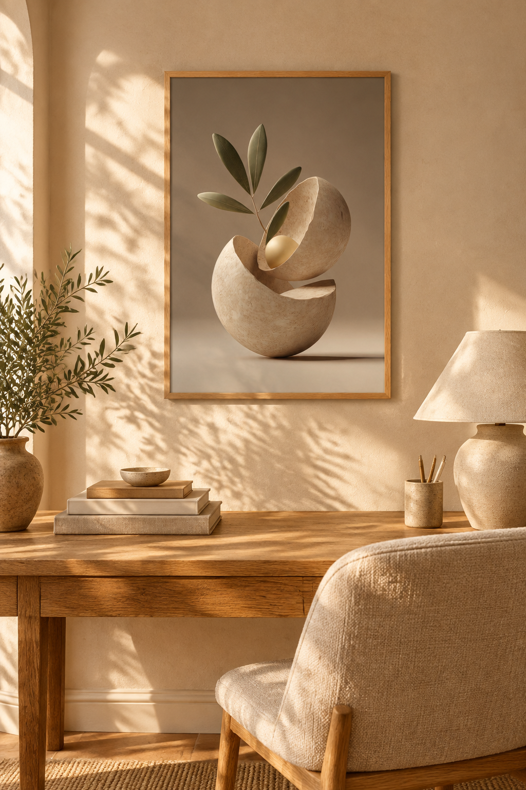 Poster The Opened Seed — opened stone seed with a single leaf, above a wooden desk with a ceramic lamp