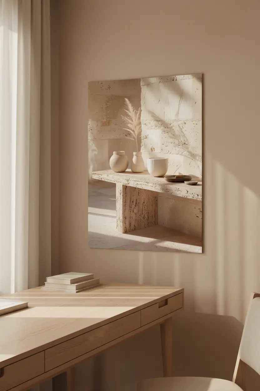 La Table de Travertin — Affiche murale minimaliste table sculpturale travertin pampa céramiques minéral, affiche murale minimaliste avec cadre bois, décoration murale salon ou chambre, style méditerranéen