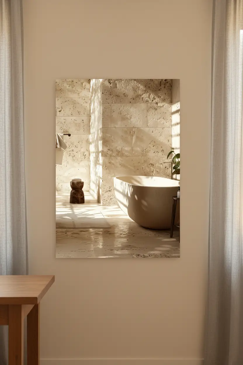 La Salle de Travertin — Affiche murale minimaliste salle de bain travertin brut baignoire îlot lumière architecture, affiche murale minimaliste avec cadre bois, décoration murale salon ou chambre, style méditerranéen