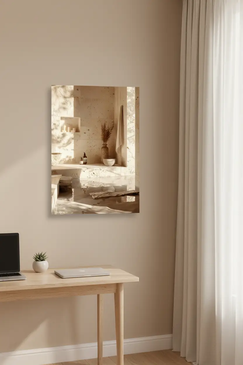 Le Hammam de Travertin — Affiche murale minimaliste salle de bain travertin eau ombres feuillage architecture, affiche murale minimaliste avec cadre bois, décoration murale salon ou chambre, style méditerranéen
