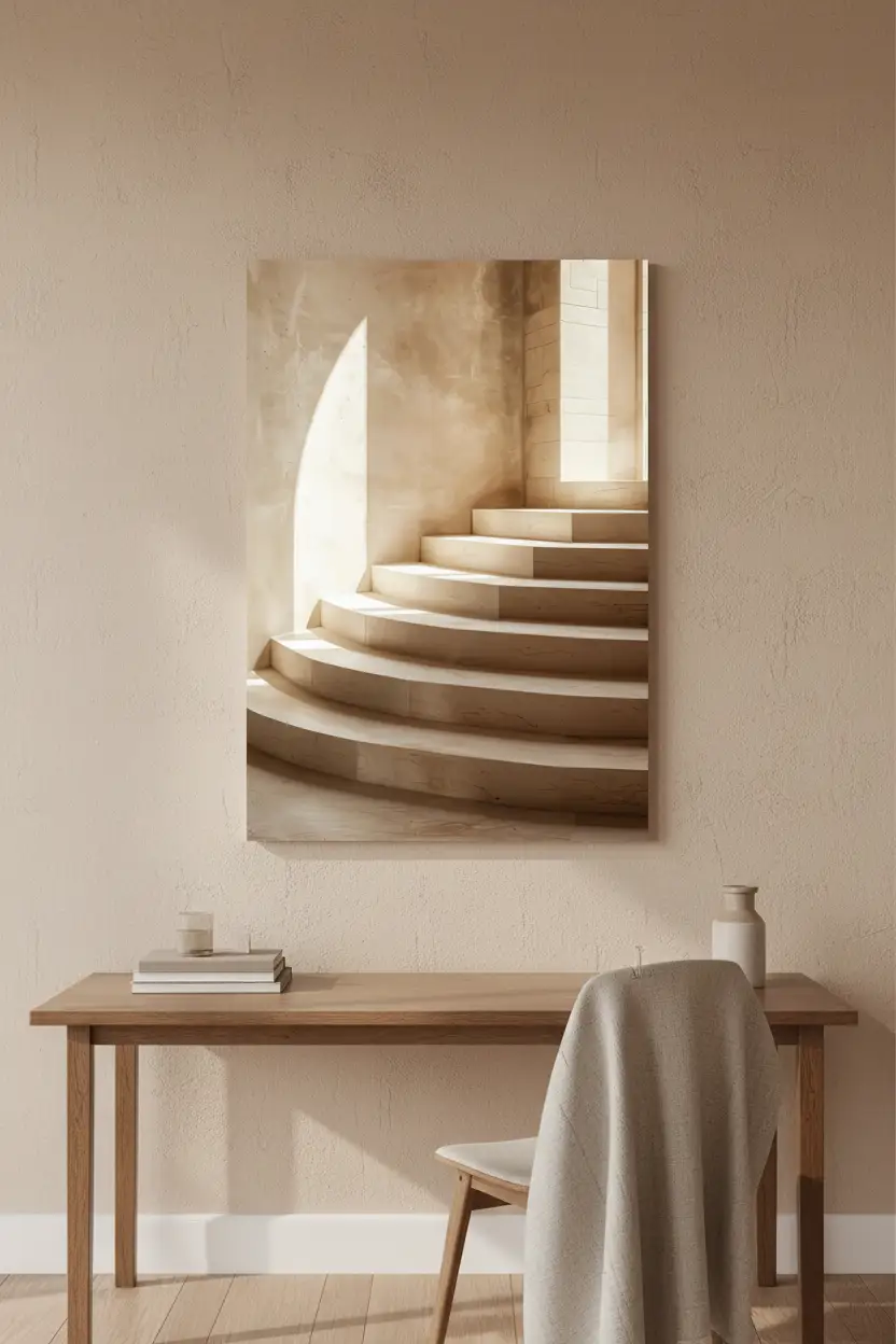 L’Escalier Courbe — Affiche murale minimaliste escalier semi-circulaire calcaire ivoire arc lumière architecture, affiche murale minimaliste avec cadre bois, décoration murale salon ou chambre, style méditerranéen