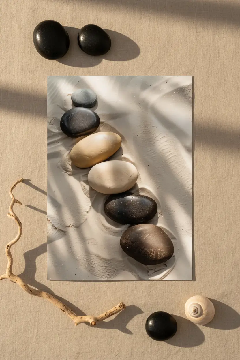 Chemin de Galets — Affiche murale minimaliste galet noir beige sable — affiche murale minimaliste | Cassili-home