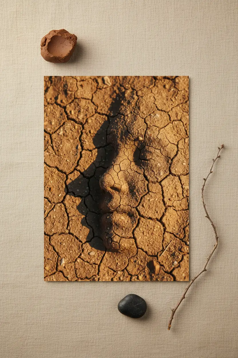 Le Profil de Terre — Affiche murale minimaliste brun ocre visage abstrait, affiche murale minimaliste avec cadre bois, décoration murale salon ou chambre, style méditerranéen