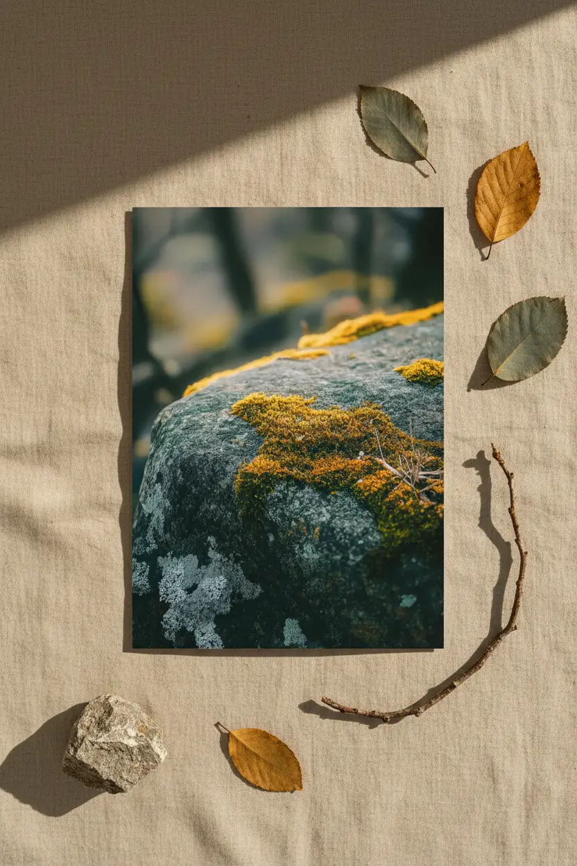 The Living Stone — Gold minimalist moss rock wall poster