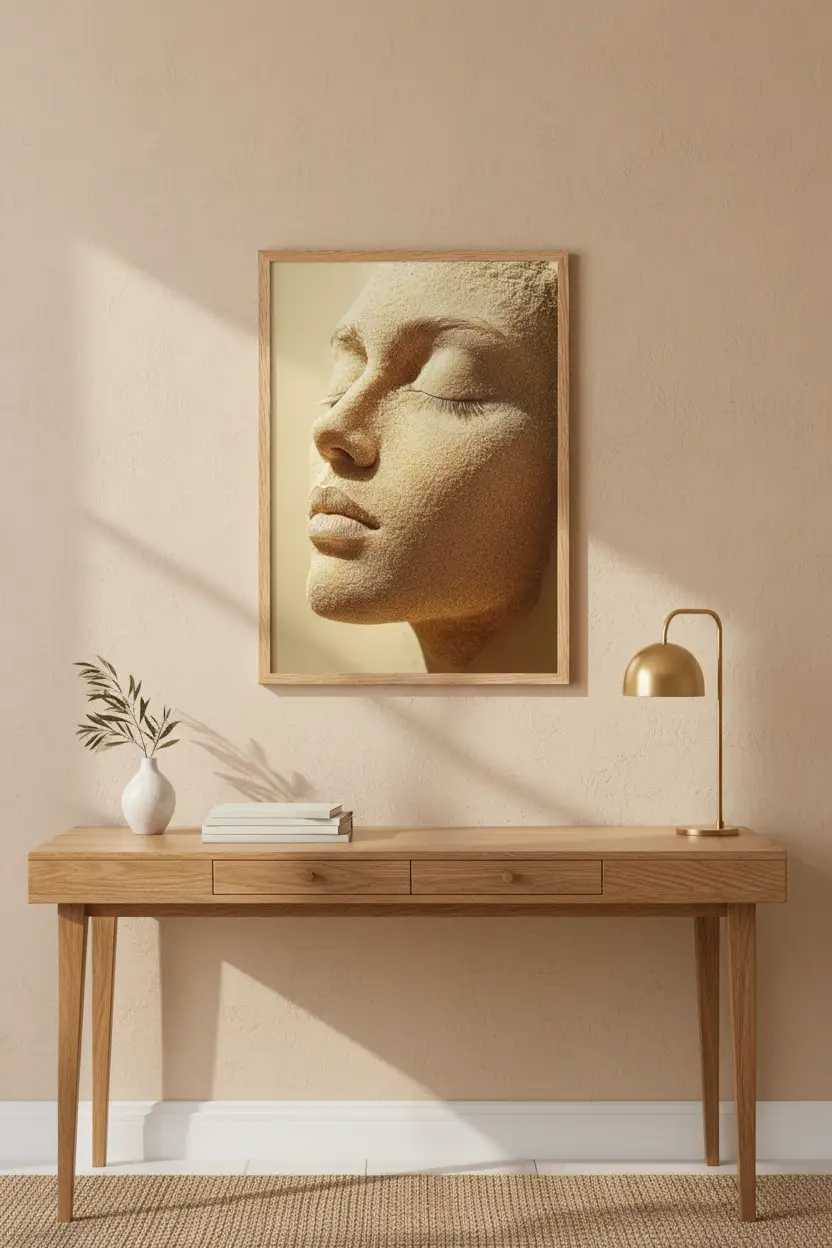 L'Ensablée – Minimalistisches Wandbild in Gold-Sand-Optik, abstraktes Gesicht