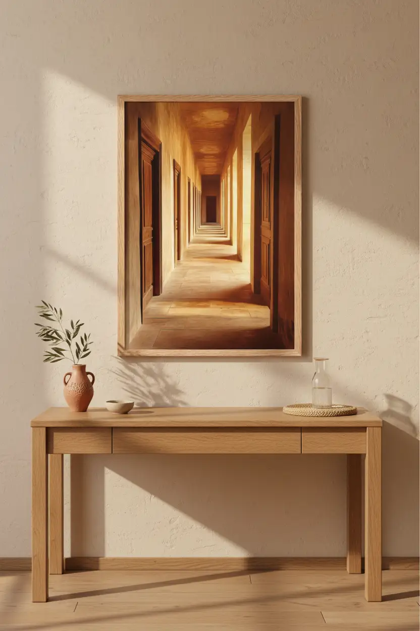 Le Couloir — Affiche murale minimaliste terracotta sable portes bois perspective — affiche murale minimaliste | Cassili-home