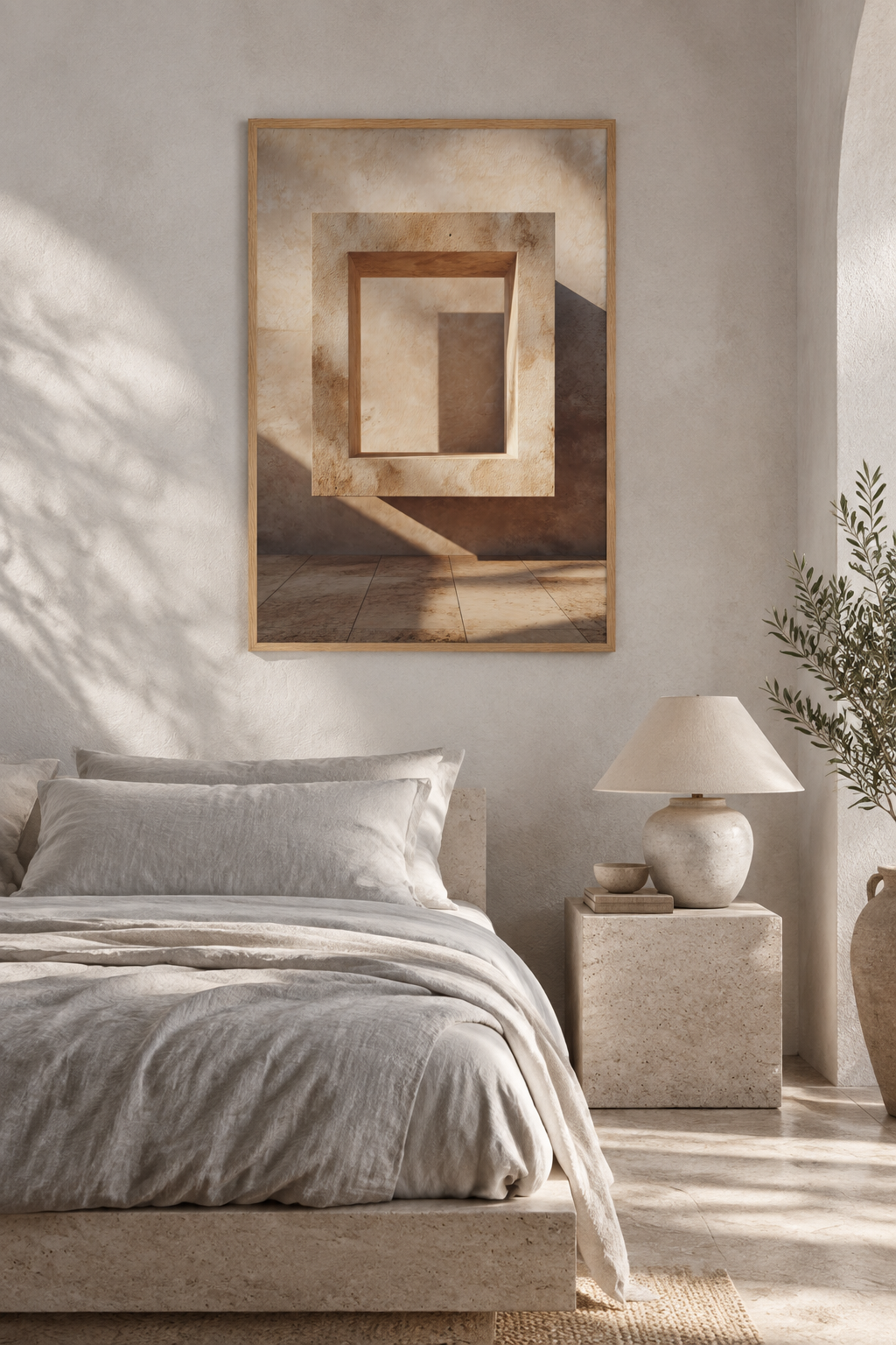 Poster The Square Doorframe — square stone frame and its cast shadow, above a linen bed in a light bedroom