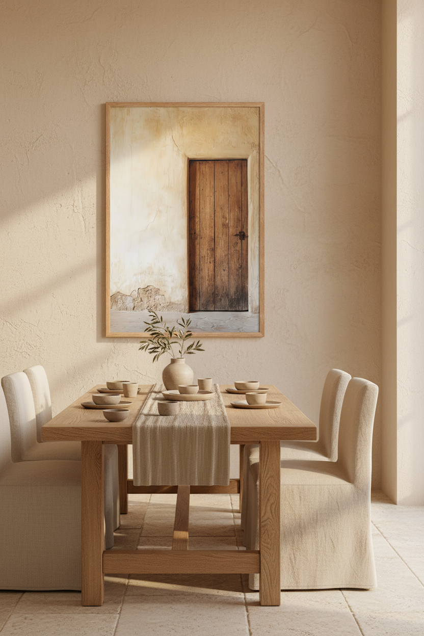 The Andalusian Door poster in an oak frame in a dining room — warm wood door and ivory plaster