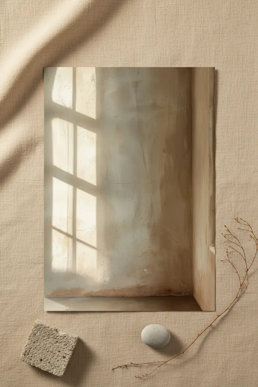 Le Coin de Lumière — Affiche murale minimaliste angle pièce ombre fenêtre béton ciré, affiche murale minimaliste avec cadre bois, décoration murale salon ou chambre, style méditerranéen