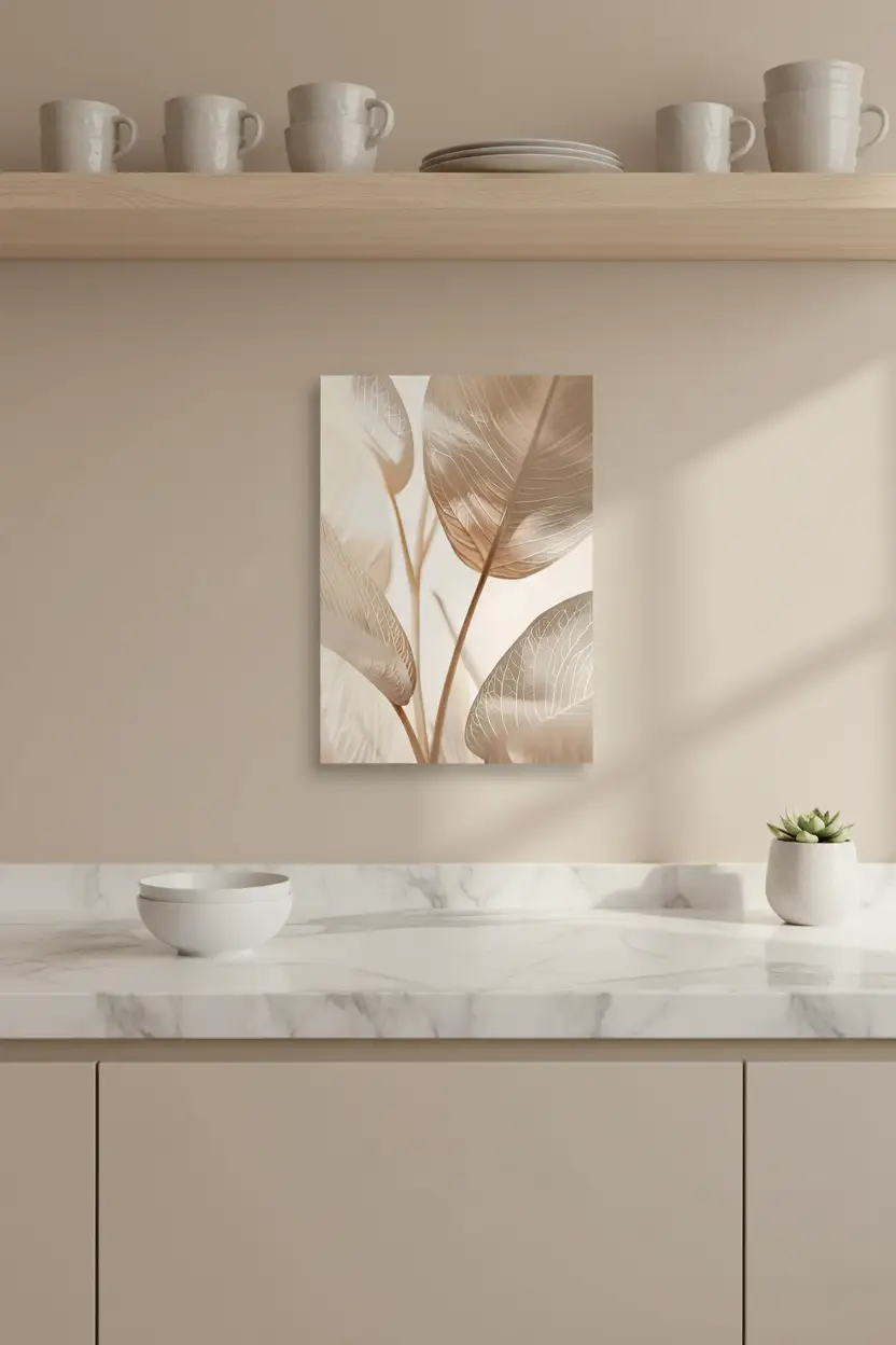 Les Feuilles d’Ivoire — Affiche murale minimaliste sable champagne végétal translucide, affiche murale minimaliste avec cadre bois, décoration murale salon ou chambre, style méditerranéen