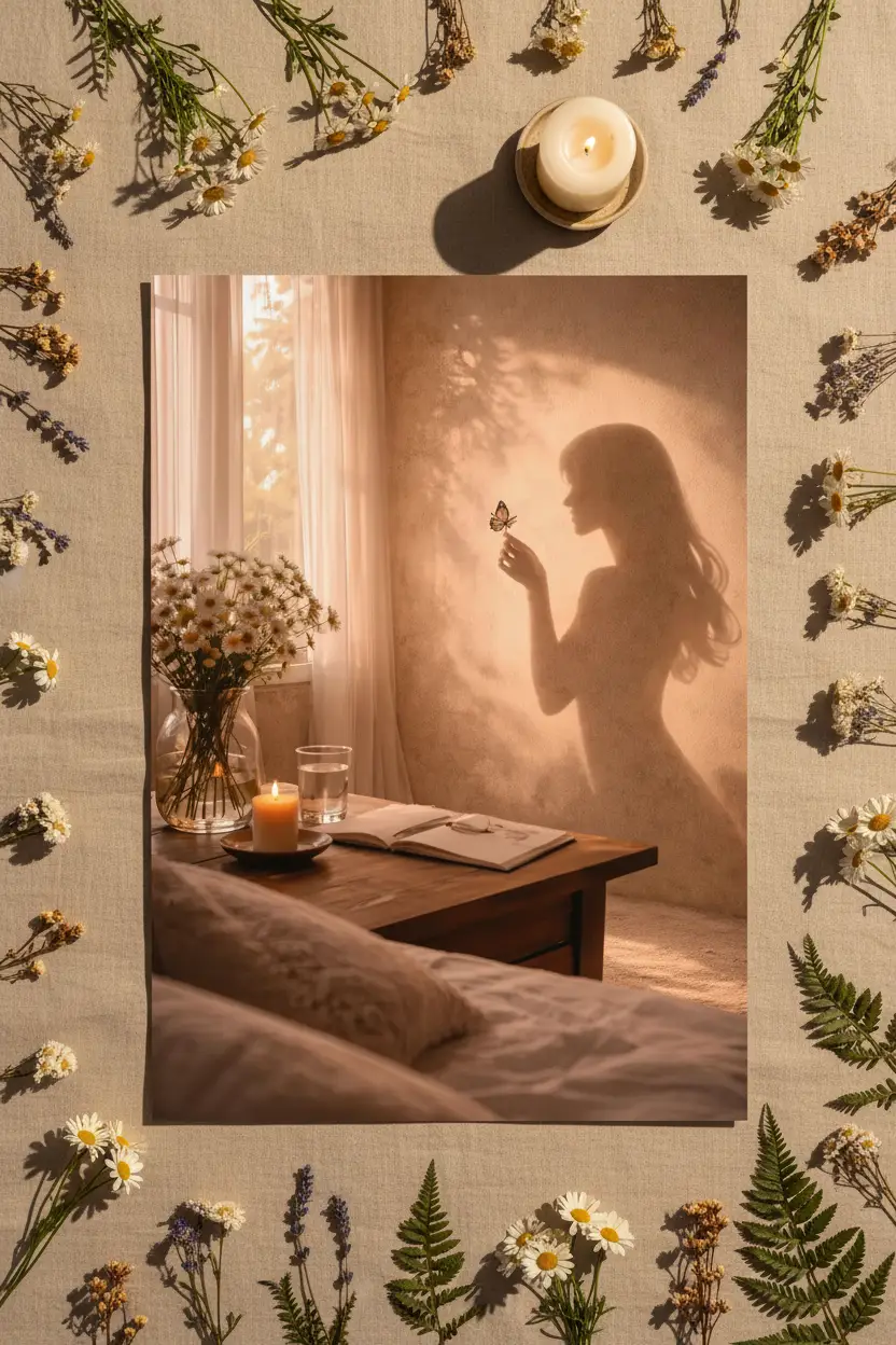 L’Instant Fragile — Affiche murale minimaliste silhouette féminine papillon lumière dorée, affiche murale minimaliste avec cadre bois, décoration murale salon ou chambre, style méditerranéen