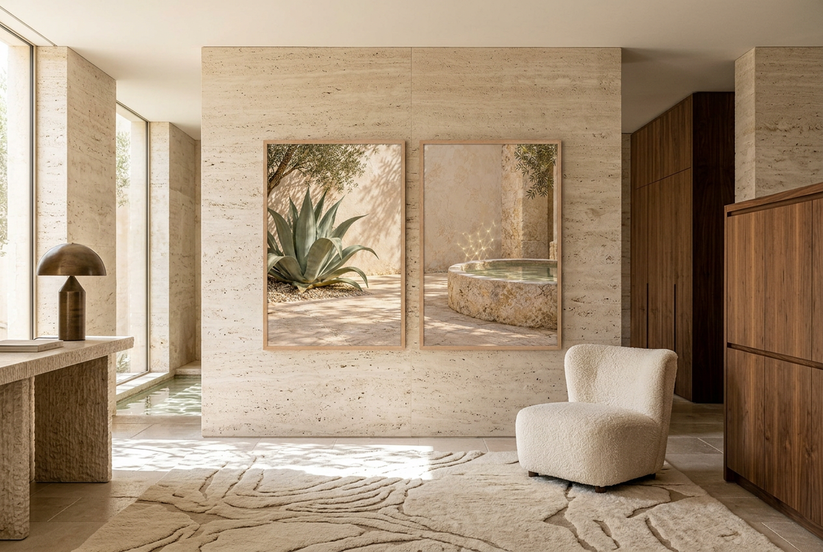 The Shaded Patio — wall diptych in oak frames in a living room