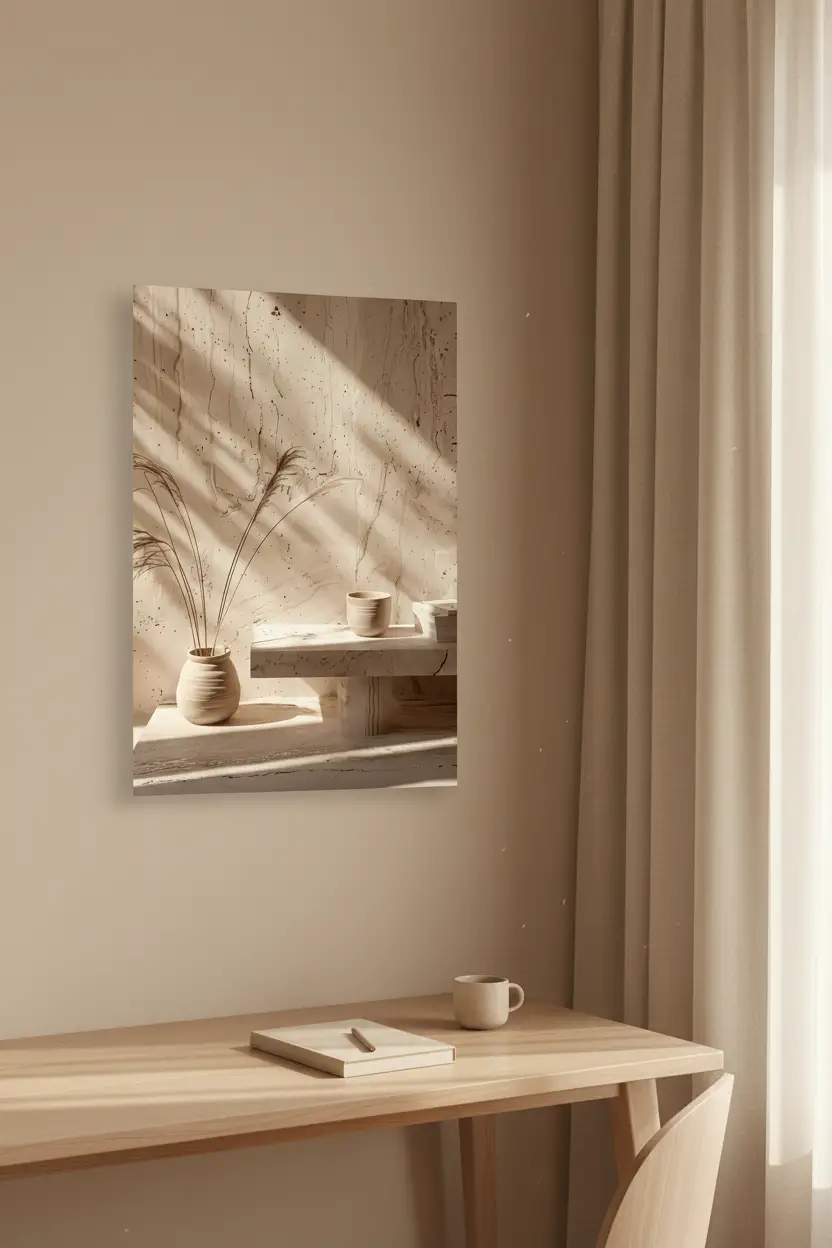 Le Vase et le Pampa — Affiche murale minimaliste céramique travertin pampa graphique minéral, affiche murale minimaliste avec cadre bois, décoration murale salon ou chambre, style méditerranéen