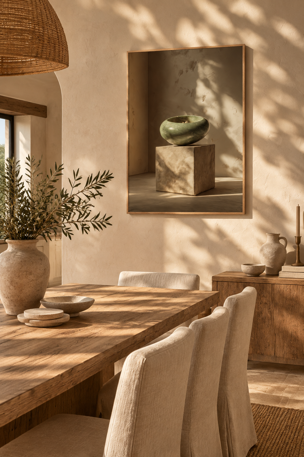 Poster La Giada e il Cubo — ciottolo verde giada in equilibrio su un cubo di pietra, in una sala da pranzo, sopra un tavolo di legno