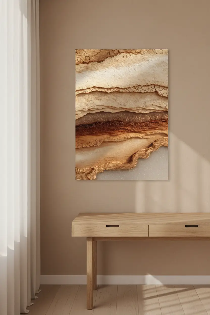 Les Strates de l’Ocre — Affiche murale minimaliste macro strates sédimentaires grès ocre brun lumière rasante minéral, affiche murale minimaliste avec cadre bois, décoration murale salon ou chambre, style méditerranéen