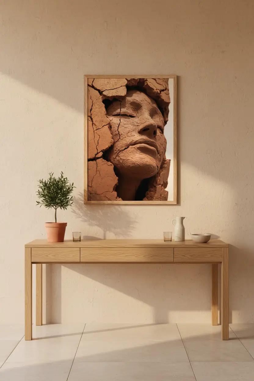La Femme de Terre — Affiche murale minimaliste terracotta brun visage féminin argile abstrait — affiche murale minimaliste | Cassili-home