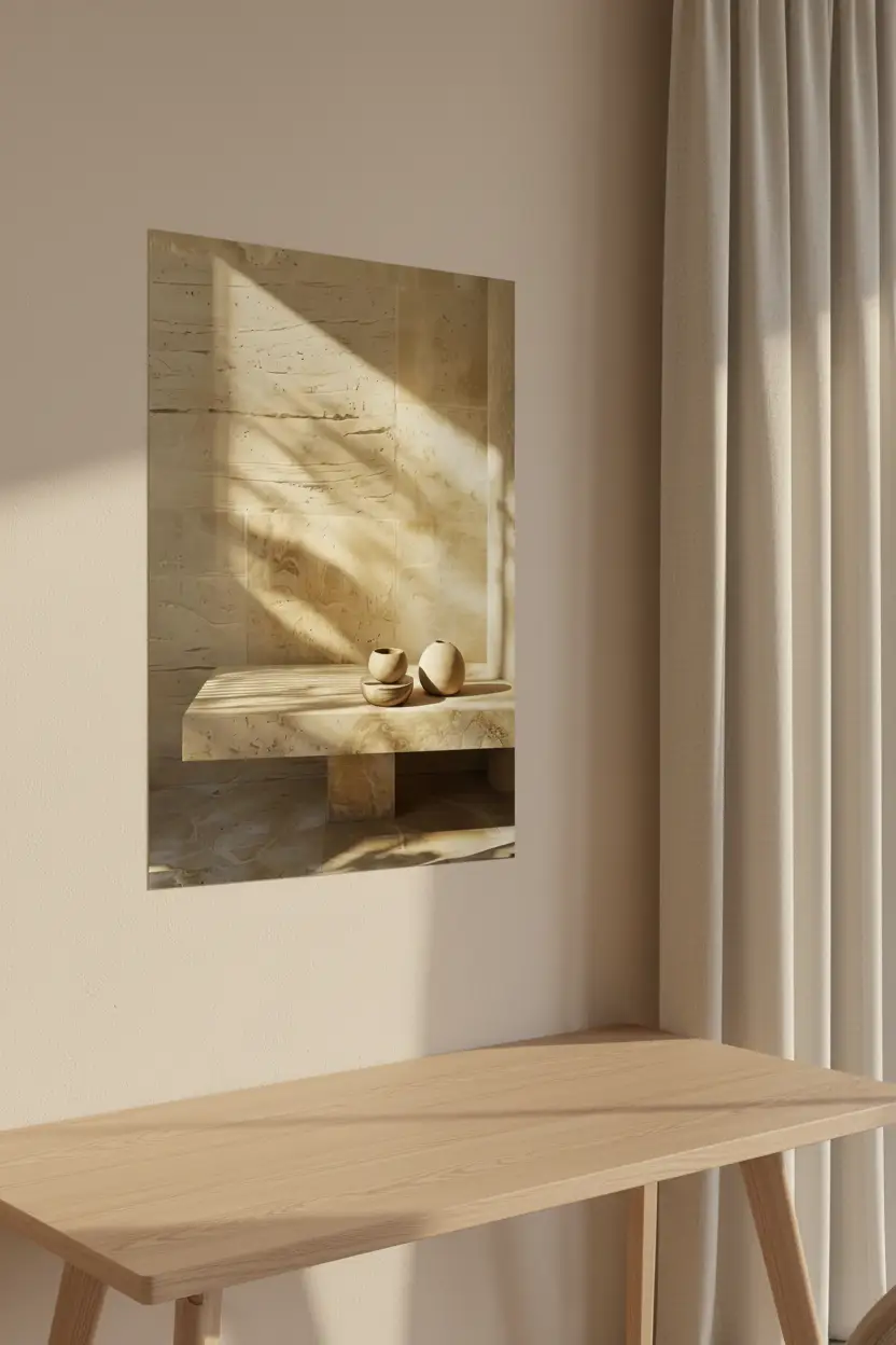 Le Banc de Pierre — Affiche murale minimaliste banc travertin céramiques sable lumière minéral, affiche murale minimaliste avec cadre bois, décoration murale salon ou chambre, style méditerranéen