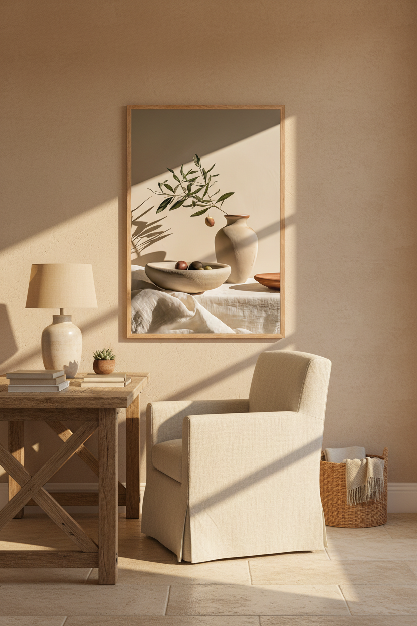 Affiche La Table aux Olives encadrée chêne au-dessus d'un bureau en bois clair — bol d'olives, lin froissé et vase de terre cuite