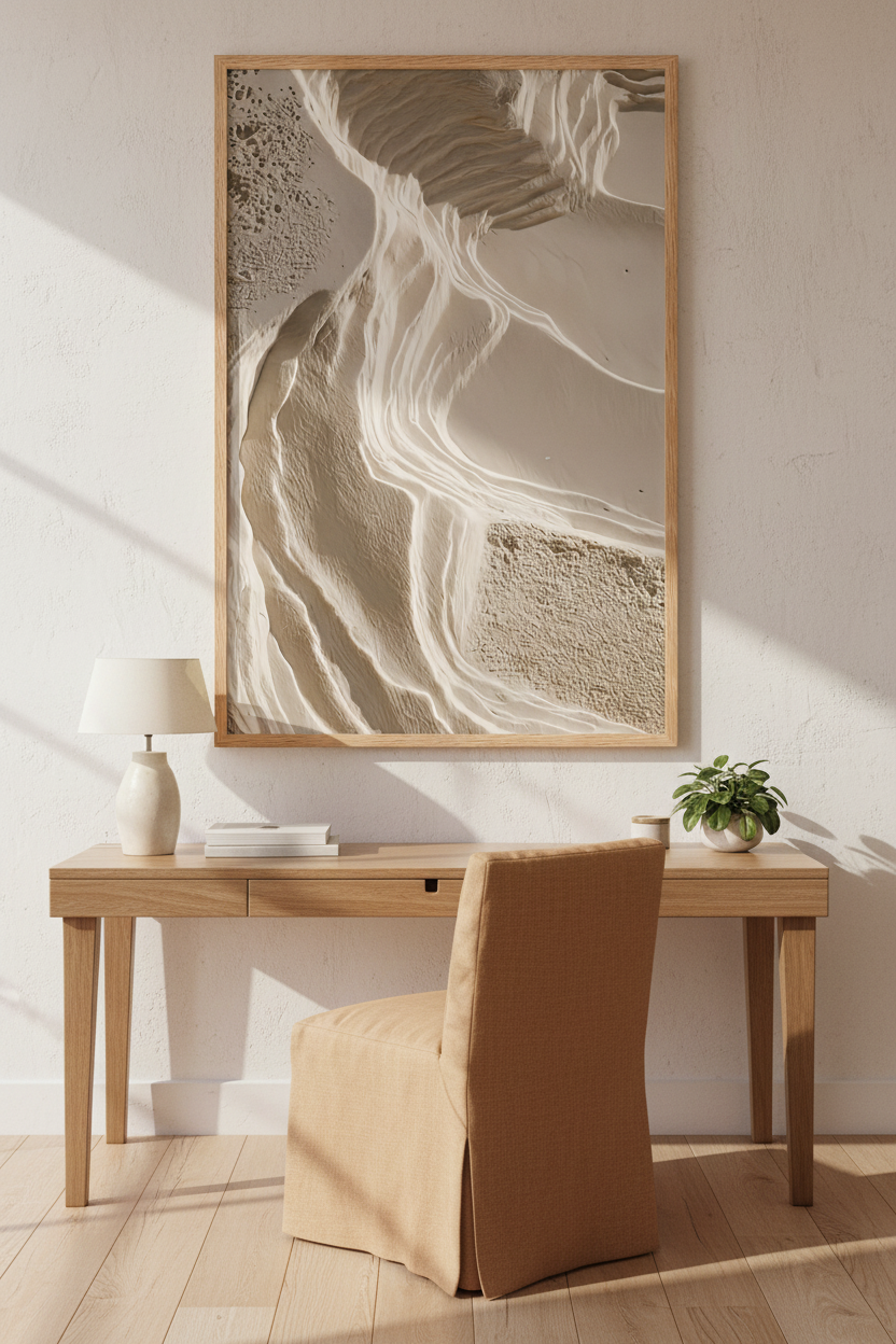 Affiche L'Escarpement Blanc encadrée chêne au-dessus d'un bureau en bois clair — strates de plâtre blanc séparées par une ligne d'ombre
