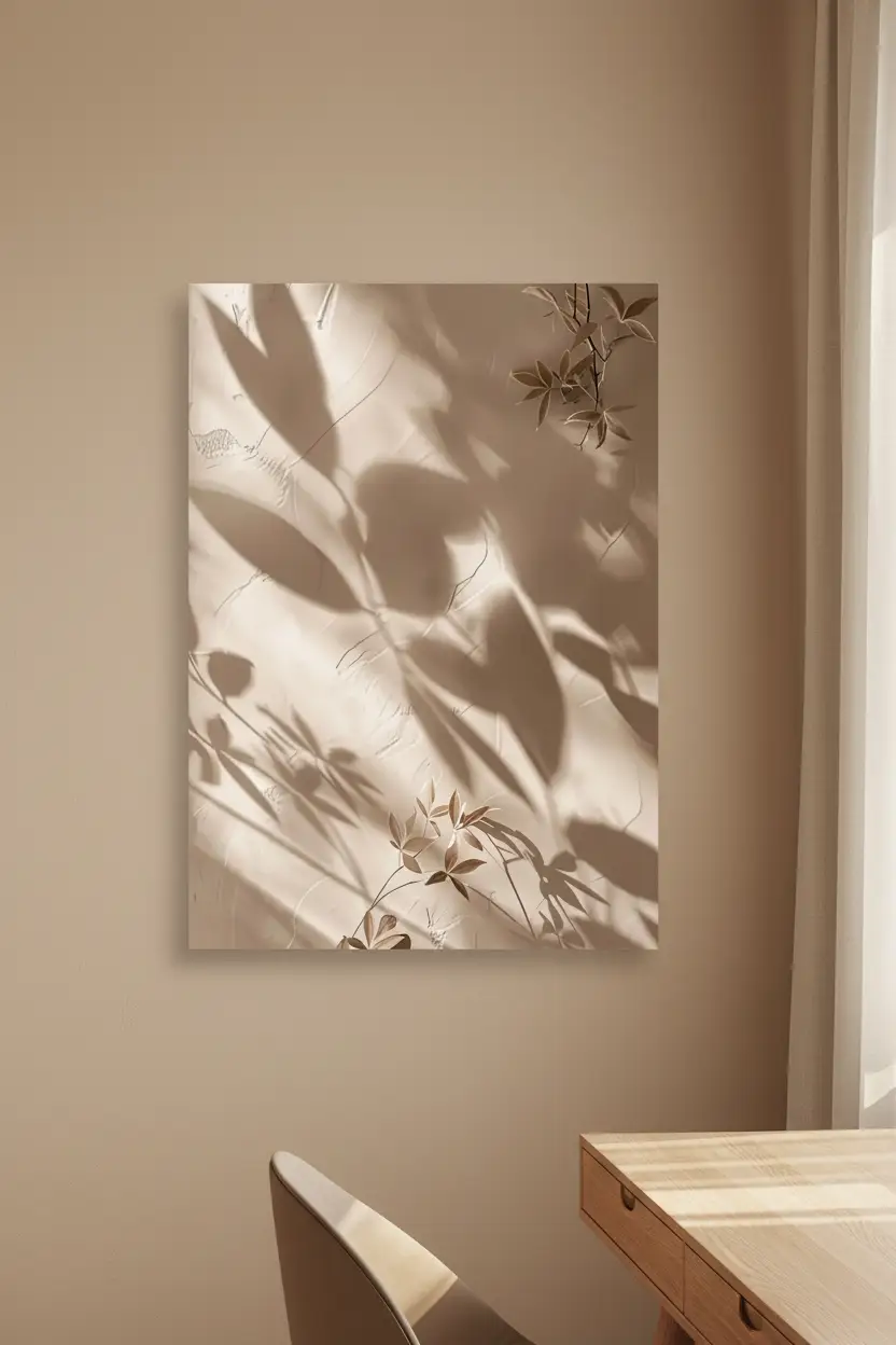 De Schaduwen van de Nandina — Minimalistische wandposter zand goud schaduwen