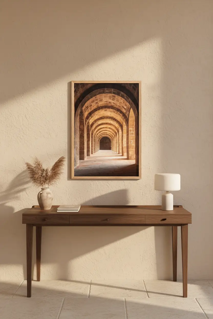 Le Cloître — Affiche murale minimaliste brun ocre arches pierre de taille perspective — affiche murale minimaliste | Cassili-home