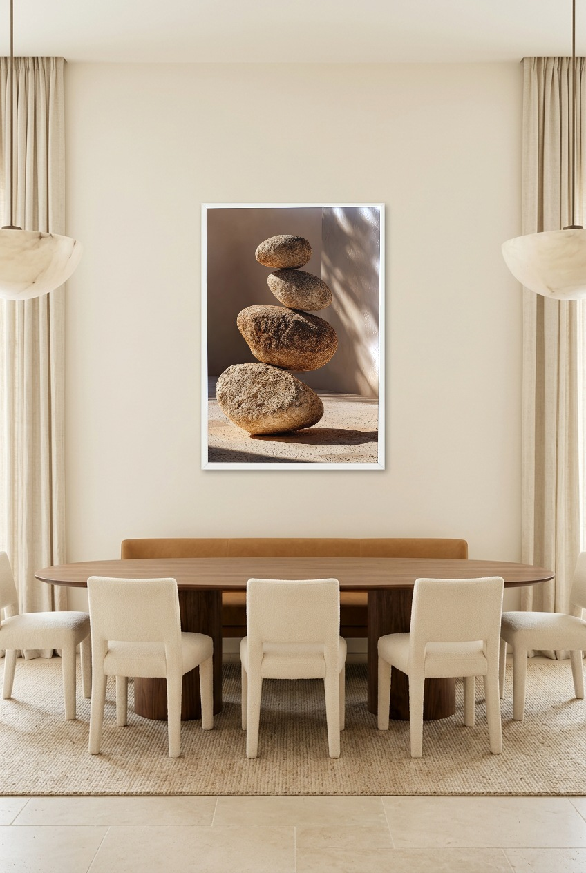 Les Galets Empilés — poster in a white frame in a dining room