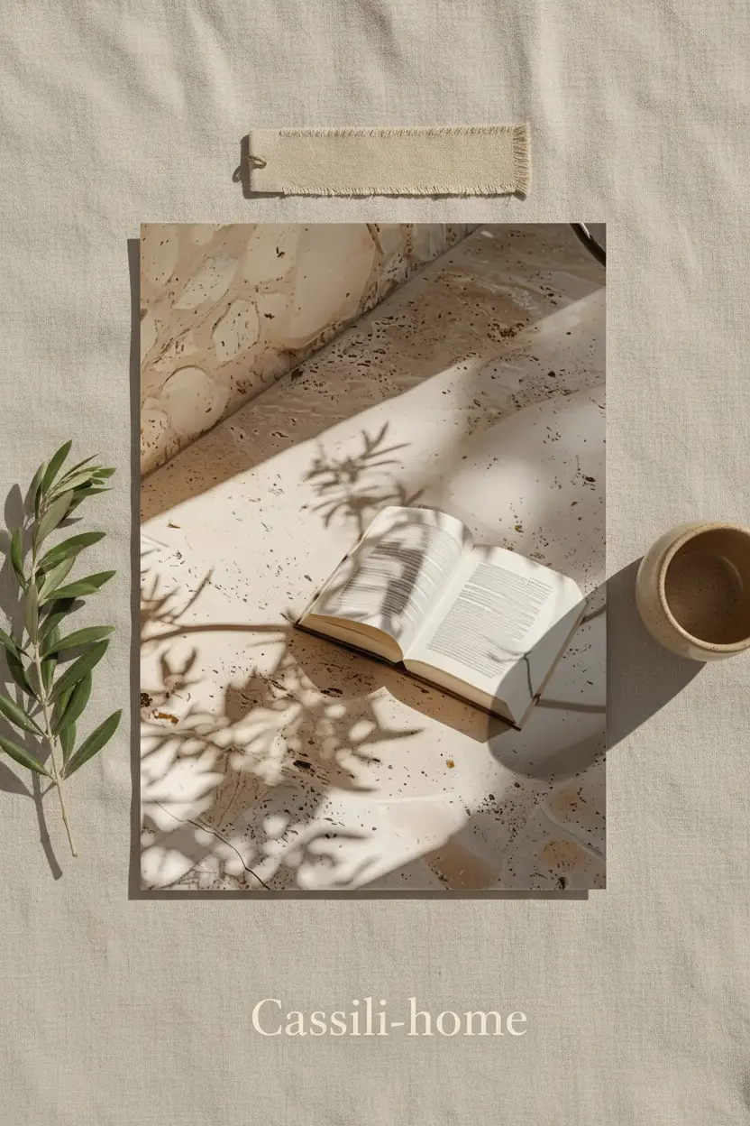 L'Ombre du Livre — Affiche murale minimaliste beige travertin, affiche murale minimaliste avec cadre bois, décoration murale salon ou chambre, style méditerranéen
