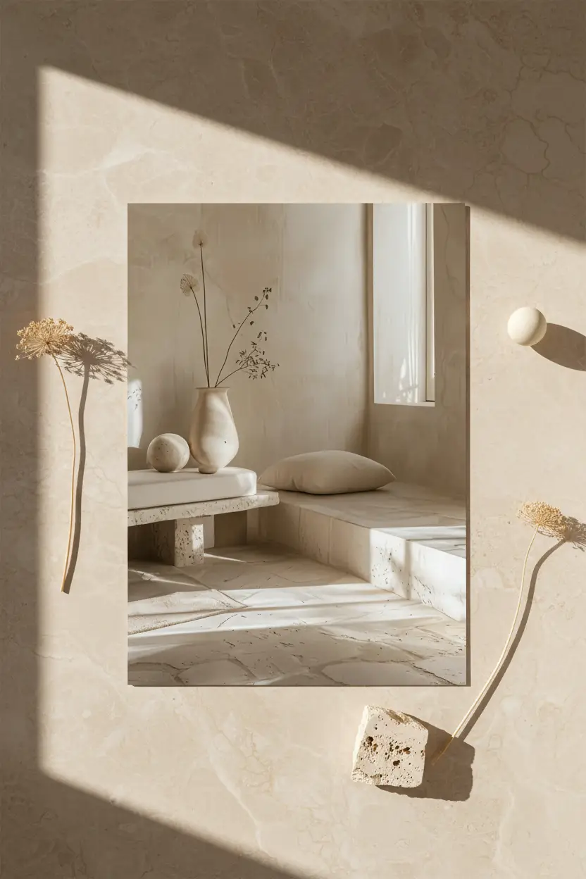 Le Salon de Travertin — Affiche murale minimaliste sable minéral, affiche murale minimaliste avec cadre bois, décoration murale salon ou chambre, style méditerranéen