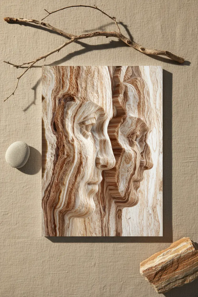 Empreintes — Affiche murale minimaliste beige ocre visages abstraits roche sédimentaire — affiche murale minimaliste | Cassili-home