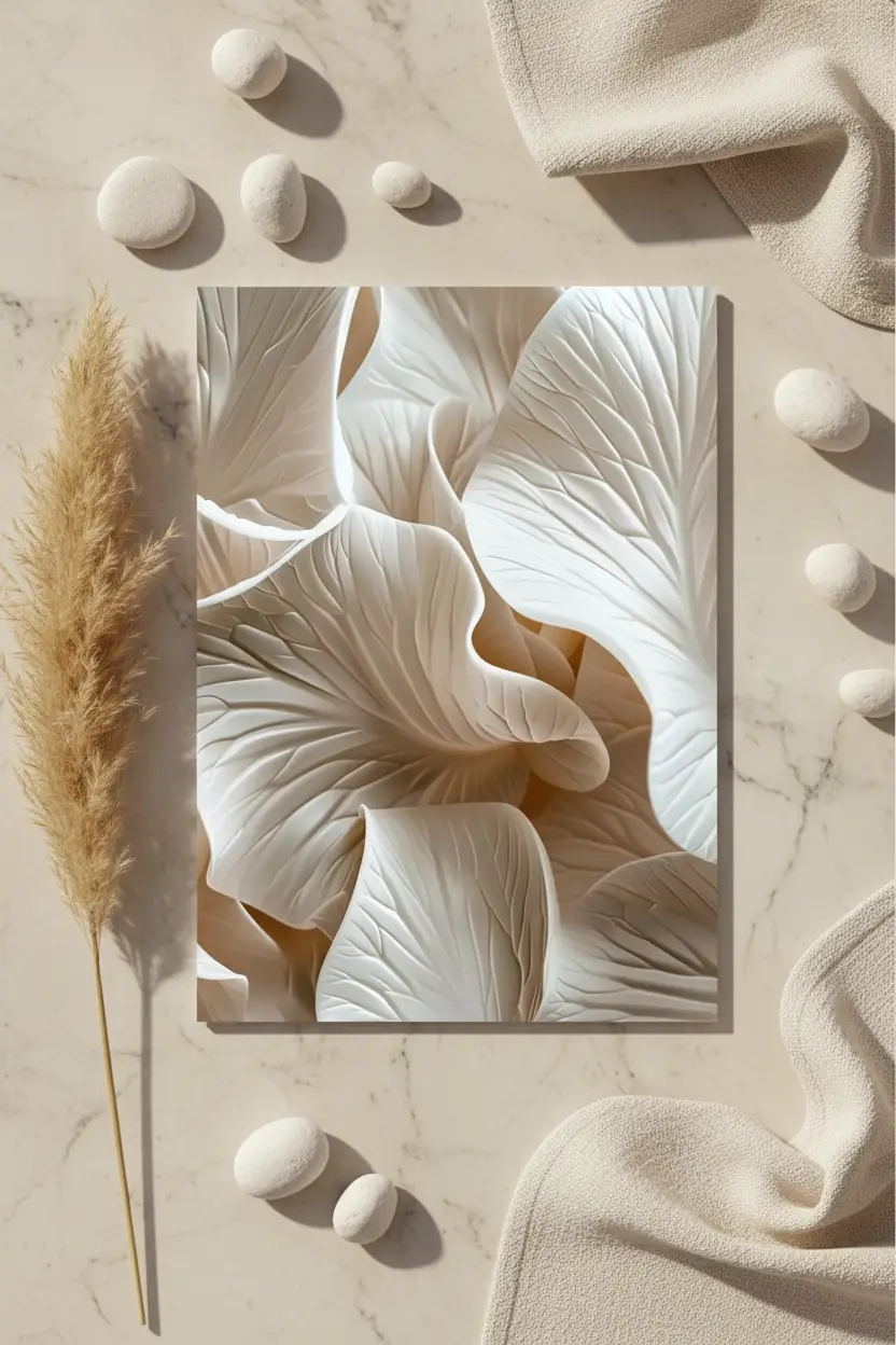 La Vague Ivoire — Affiche murale minimaliste ivoire végétal organique, affiche murale minimaliste avec cadre bois, décoration murale salon ou chambre, style méditerranéen