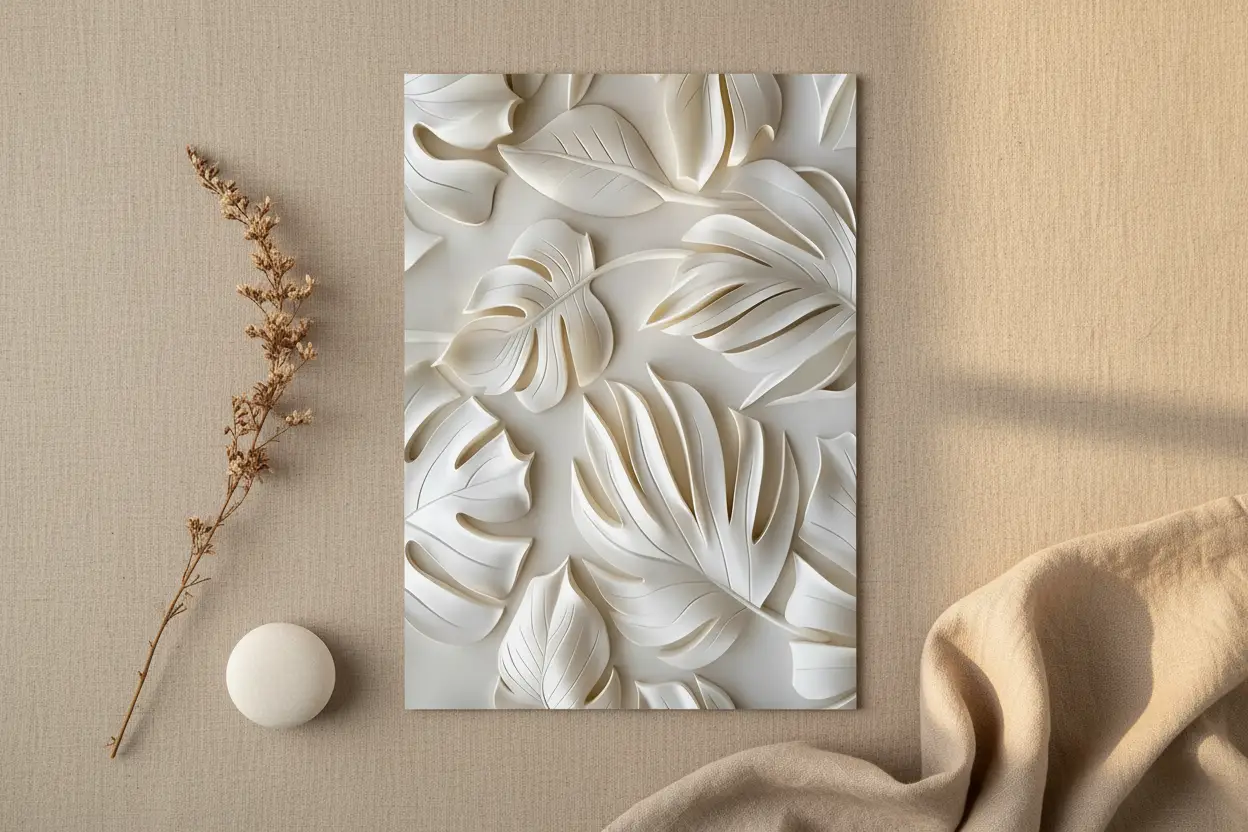 Le Souffle des Feuilles — Affiche murale minimaliste ivoire végétal sculpté, affiche murale minimaliste avec cadre bois, décoration murale salon ou chambre, style méditerranéen