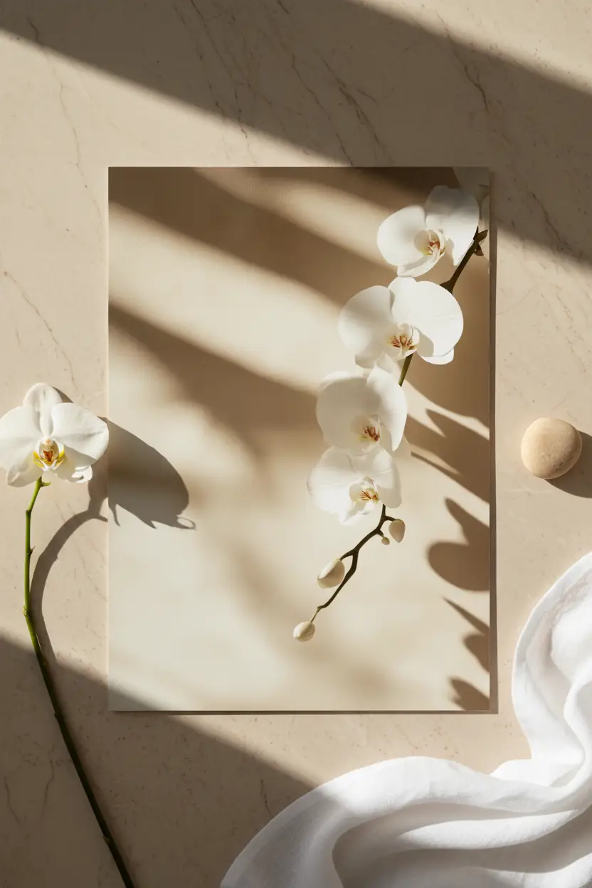 Die Orchidee und der Schatten – Minimalistisches Wandbild Elfenbein Blume