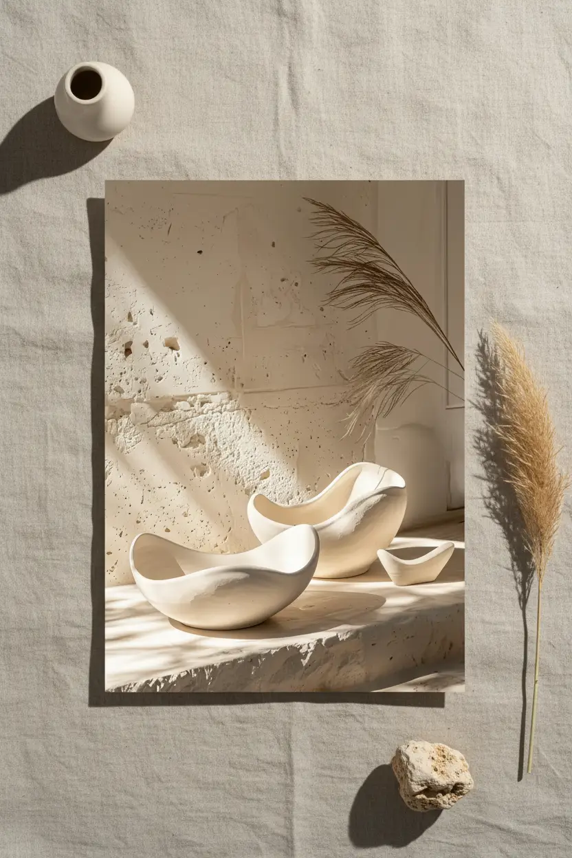 Les Céramiques Sculptées — Affiche murale minimaliste ivoire minéral, affiche murale minimaliste avec cadre bois, décoration murale salon ou chambre, style méditerranéen