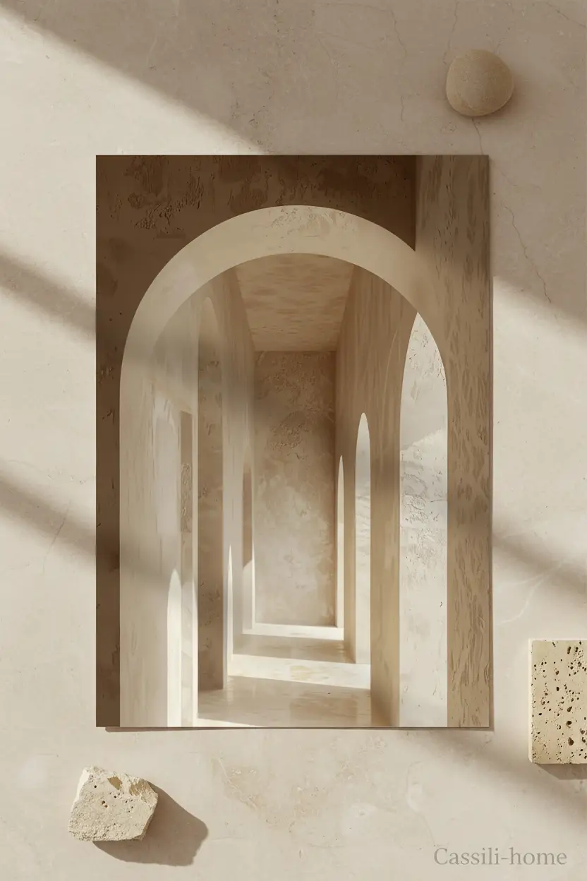 Le Couloir des Arches — Affiche murale minimaliste sable architecture, affiche murale minimaliste avec cadre bois, décoration murale salon ou chambre, style méditerranéen