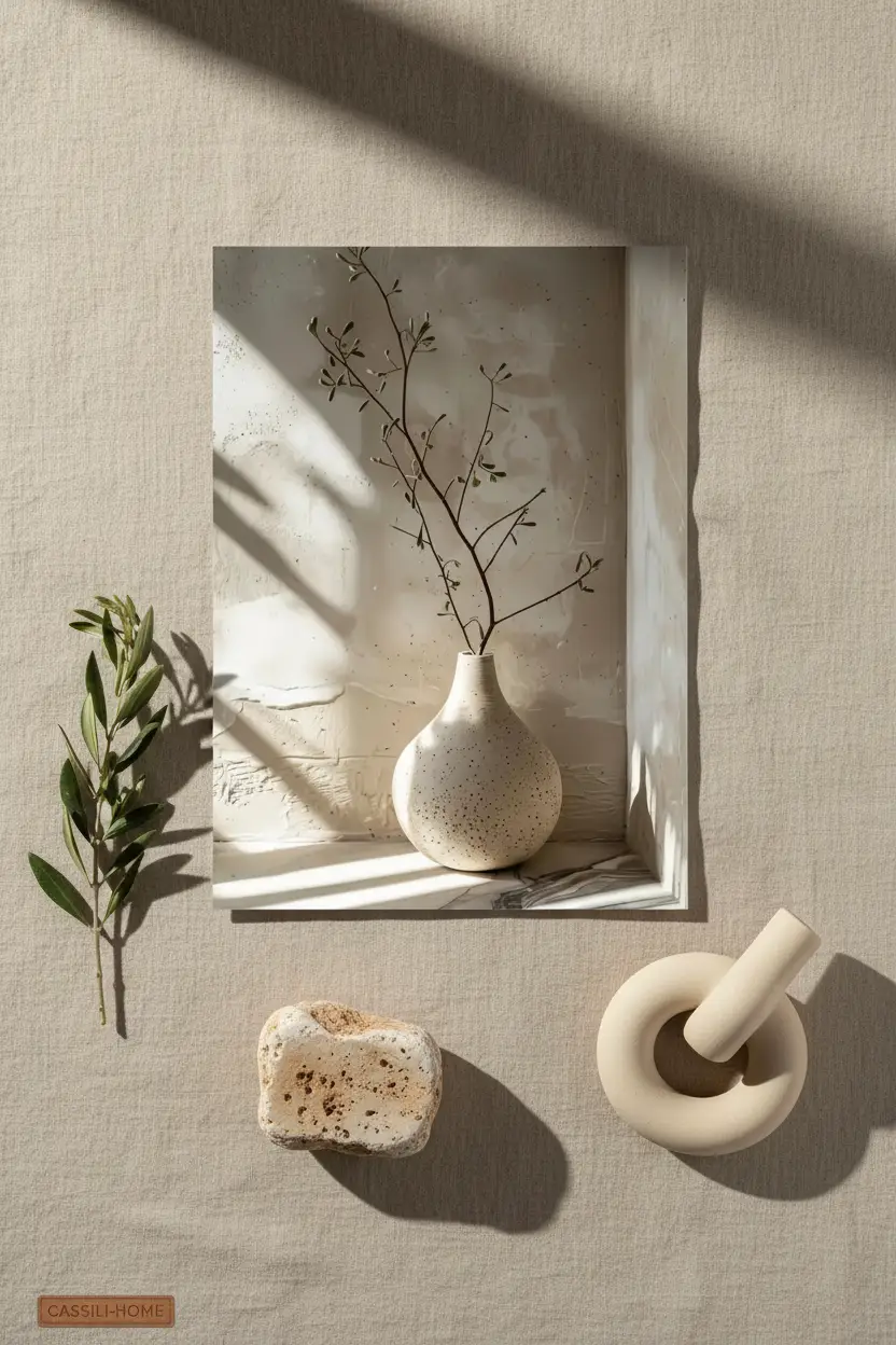 La Branche d'Olivier — Affiche murale minimaliste ivoire végétal, affiche murale minimaliste avec cadre bois, décoration murale salon ou chambre, style méditerranéen