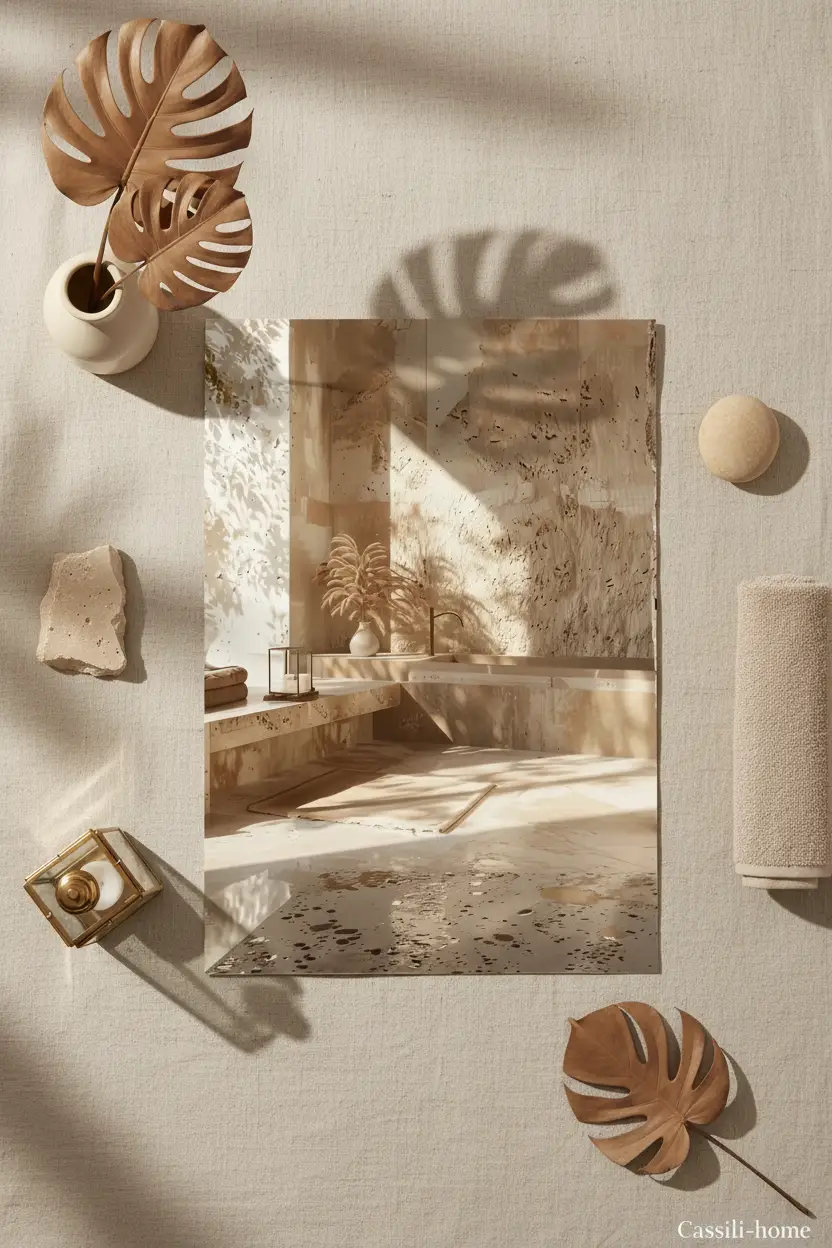 Le Bain de Pierre — Affiche murale minimaliste baignoire travertin pierre ombres feuilles lumière architecture, affiche murale minimaliste avec cadre bois, décoration murale salon ou chambre, style méditerranéen