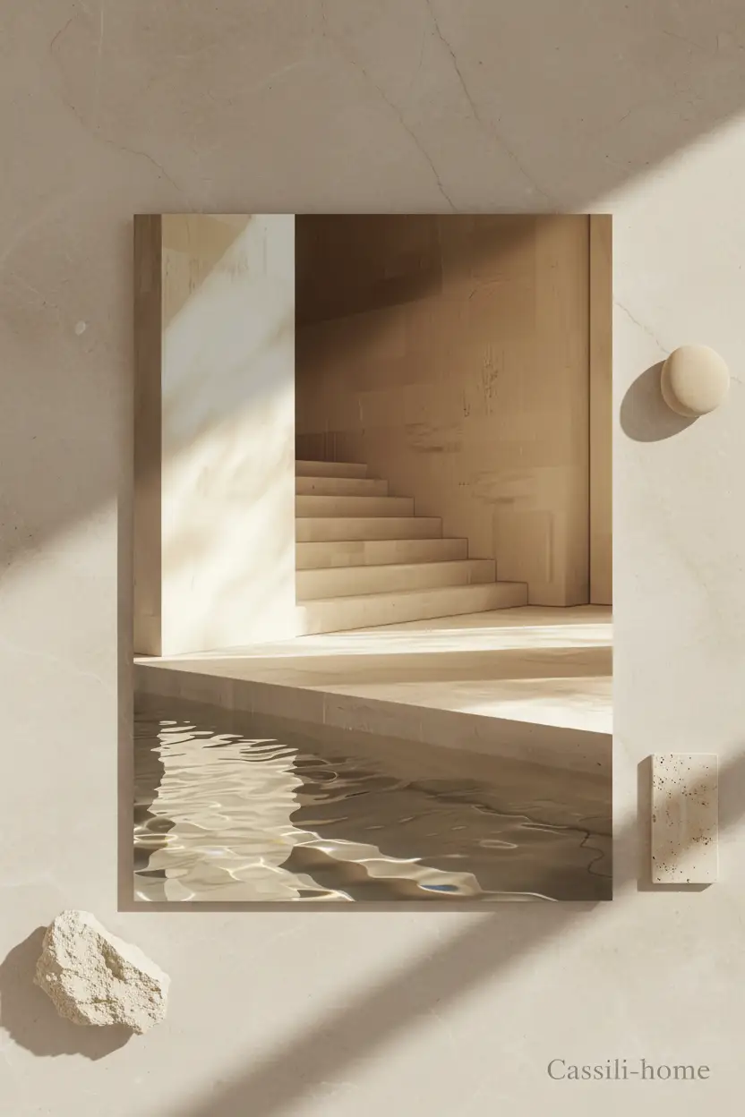 L'Escalier et le Bassin — Affiche murale minimaliste sable architecture, affiche murale minimaliste avec cadre bois, décoration murale salon ou chambre, style méditerranéen