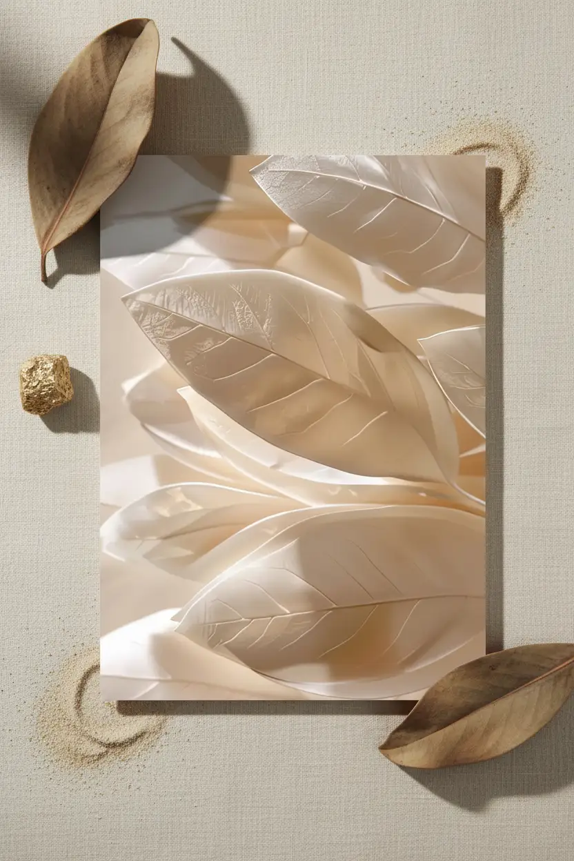 La Nacre des Feuilles – Minimalistisches Wandposter Elfenbein Gold Pflanze