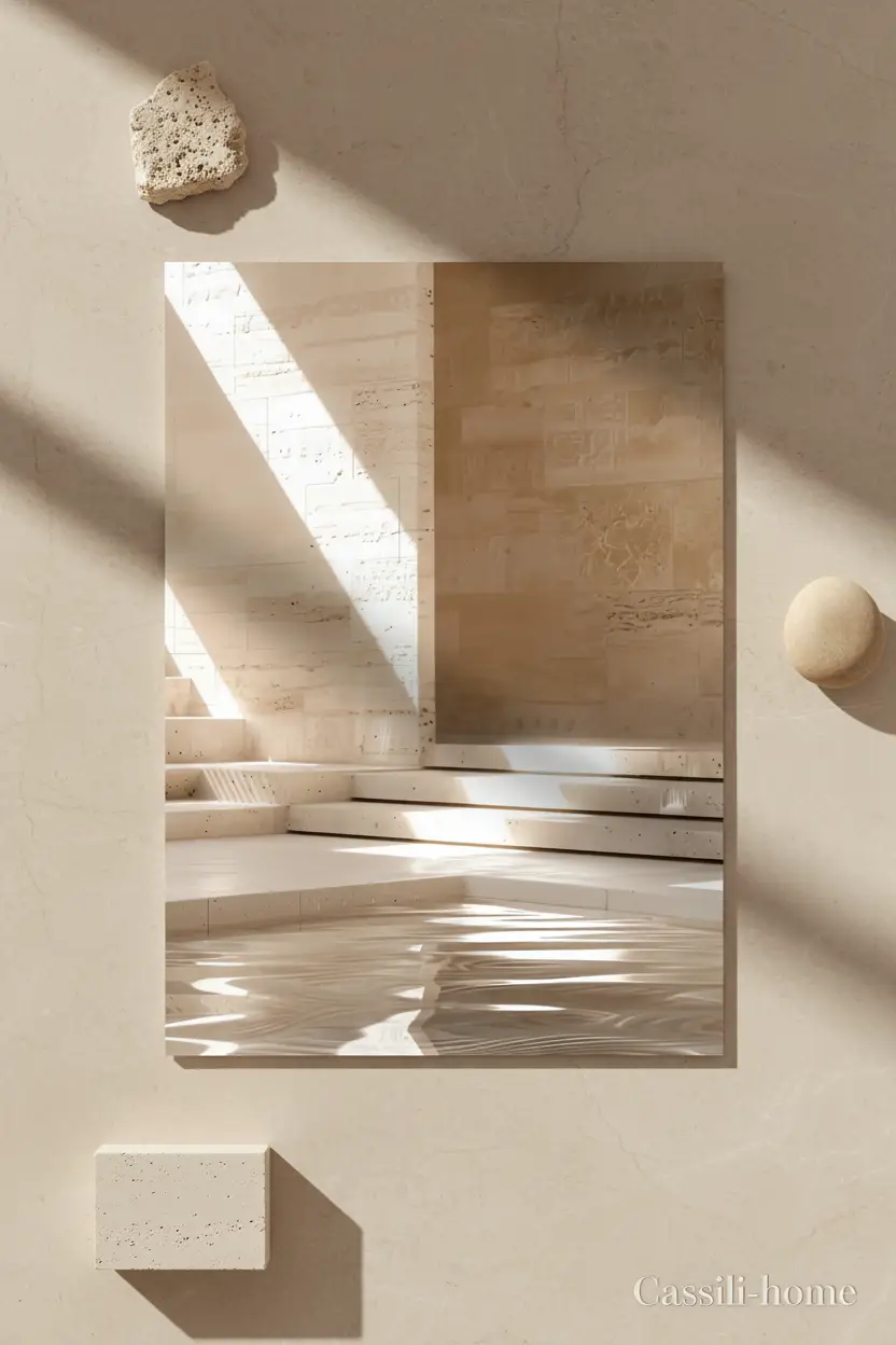 Le Bassin de Pierre — Affiche murale minimaliste sable architecture, affiche murale minimaliste avec cadre bois, décoration murale salon ou chambre, style méditerranéen