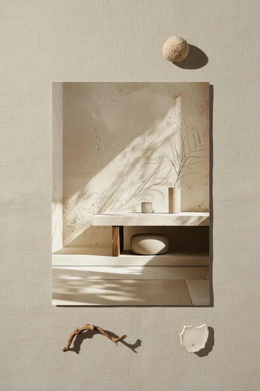 La Console et la Lumière — Affiche murale minimaliste sable intérieur, affiche murale minimaliste avec cadre bois, décoration murale salon ou chambre, style méditerranéen