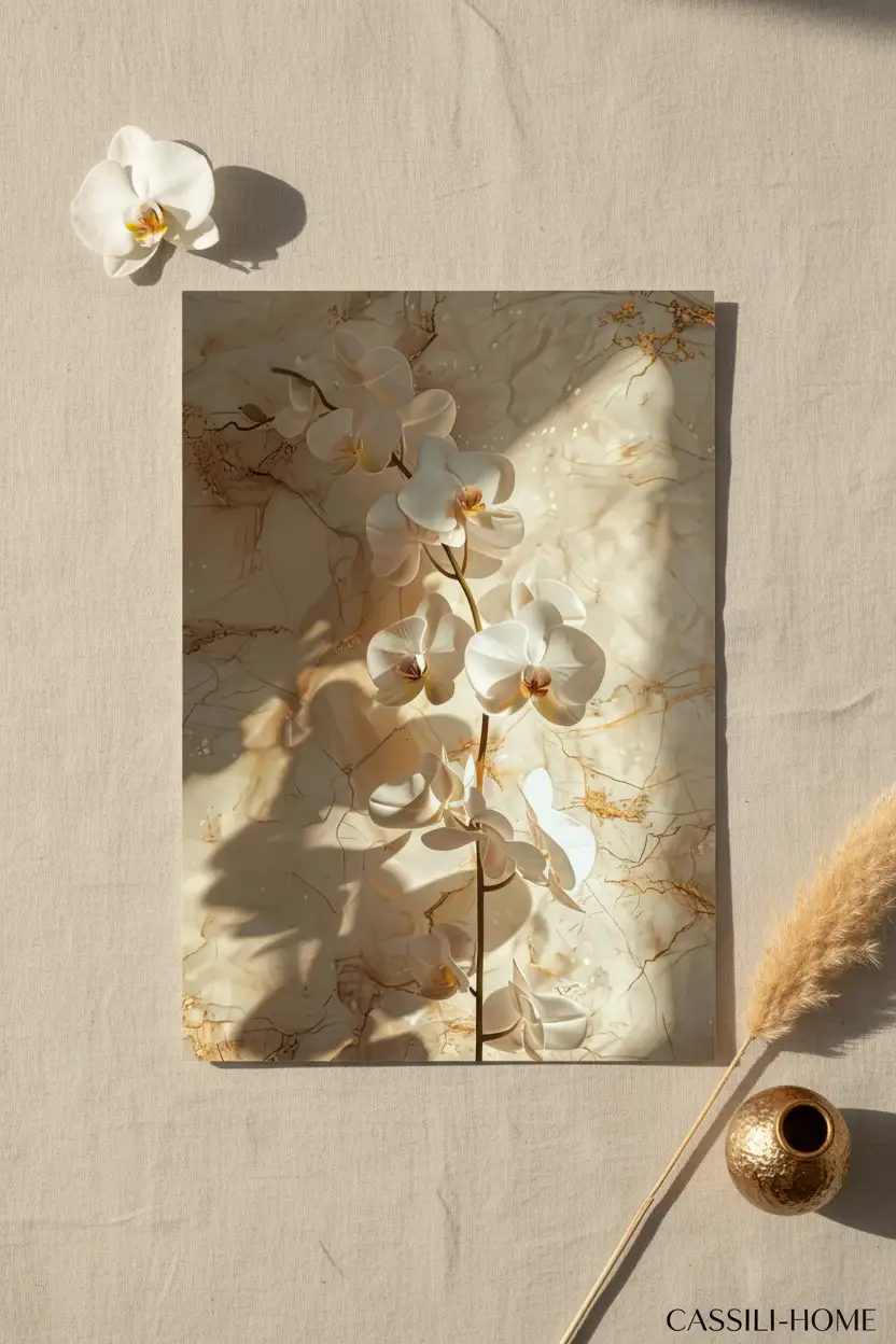 Die Goldene Orchidee – Minimalistisches florales Wandposter in Elfenbein