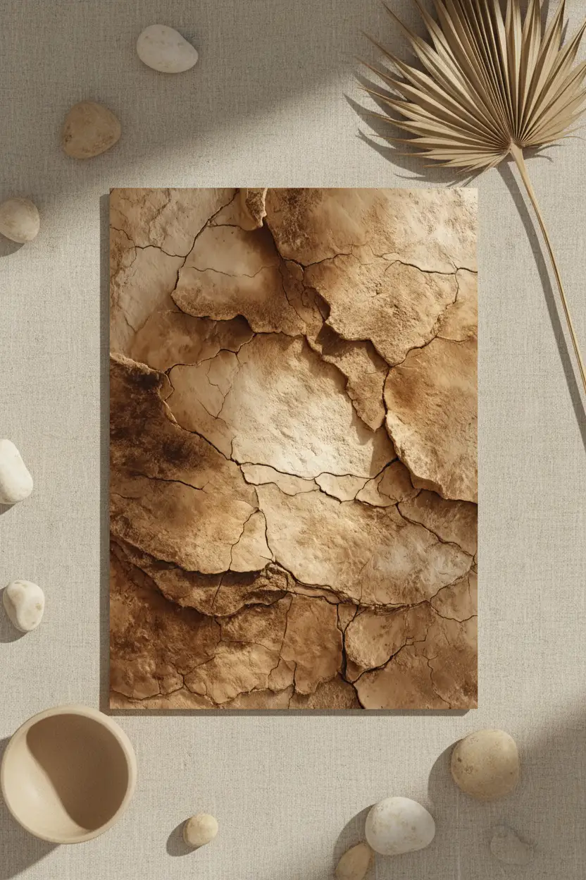 La Terre Fendue — Affiche murale minimaliste minérale sable, affiche murale minimaliste avec cadre bois, décoration murale salon ou chambre, style méditerranéen