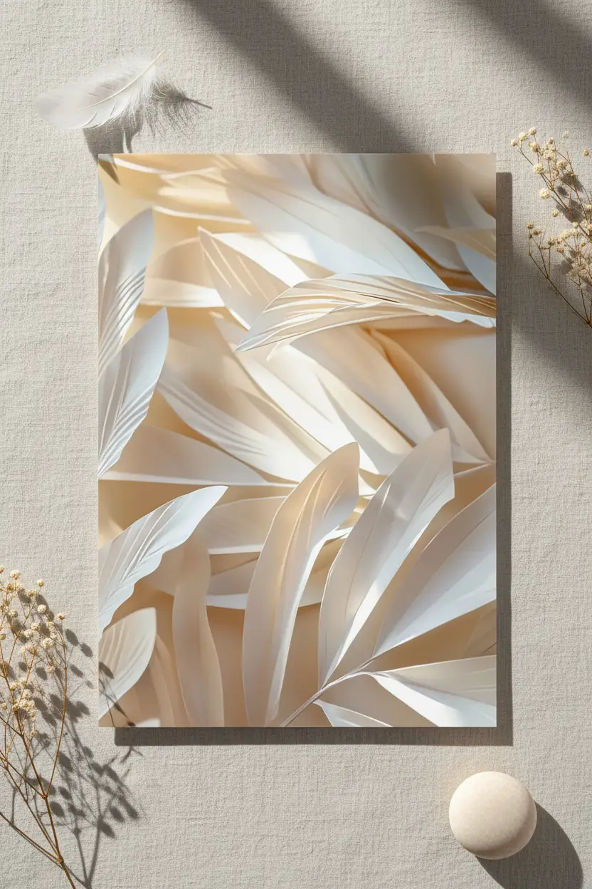 L’Envol Ivoire — Affiche murale minimaliste ivoire blanc végétal aérien, affiche murale minimaliste avec cadre bois, décoration murale salon ou chambre, style méditerranéen