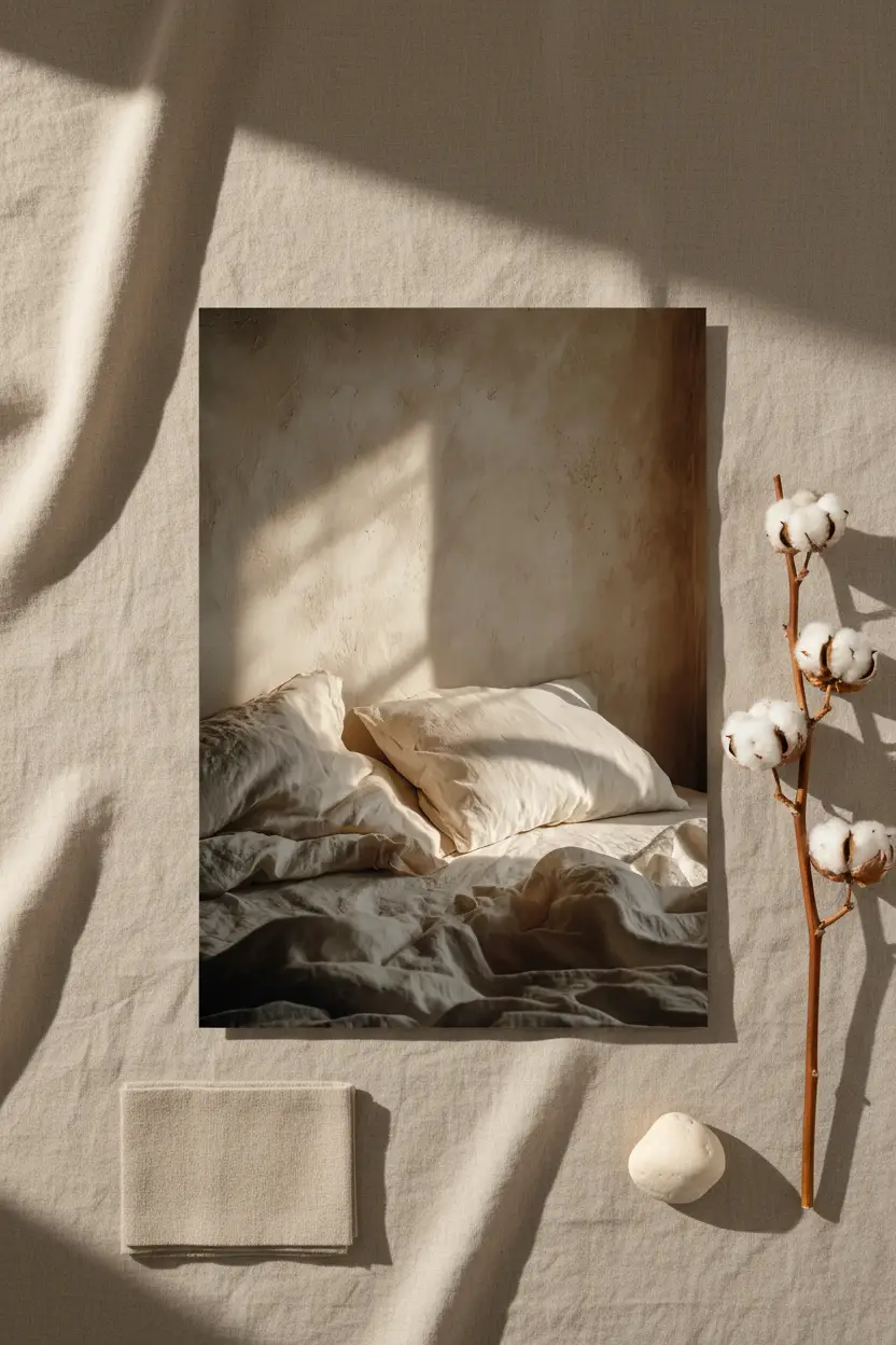 L'Aube sur le Lin — Affiche murale minimaliste sable linge, affiche murale minimaliste avec cadre bois, décoration murale salon ou chambre, style méditerranéen
