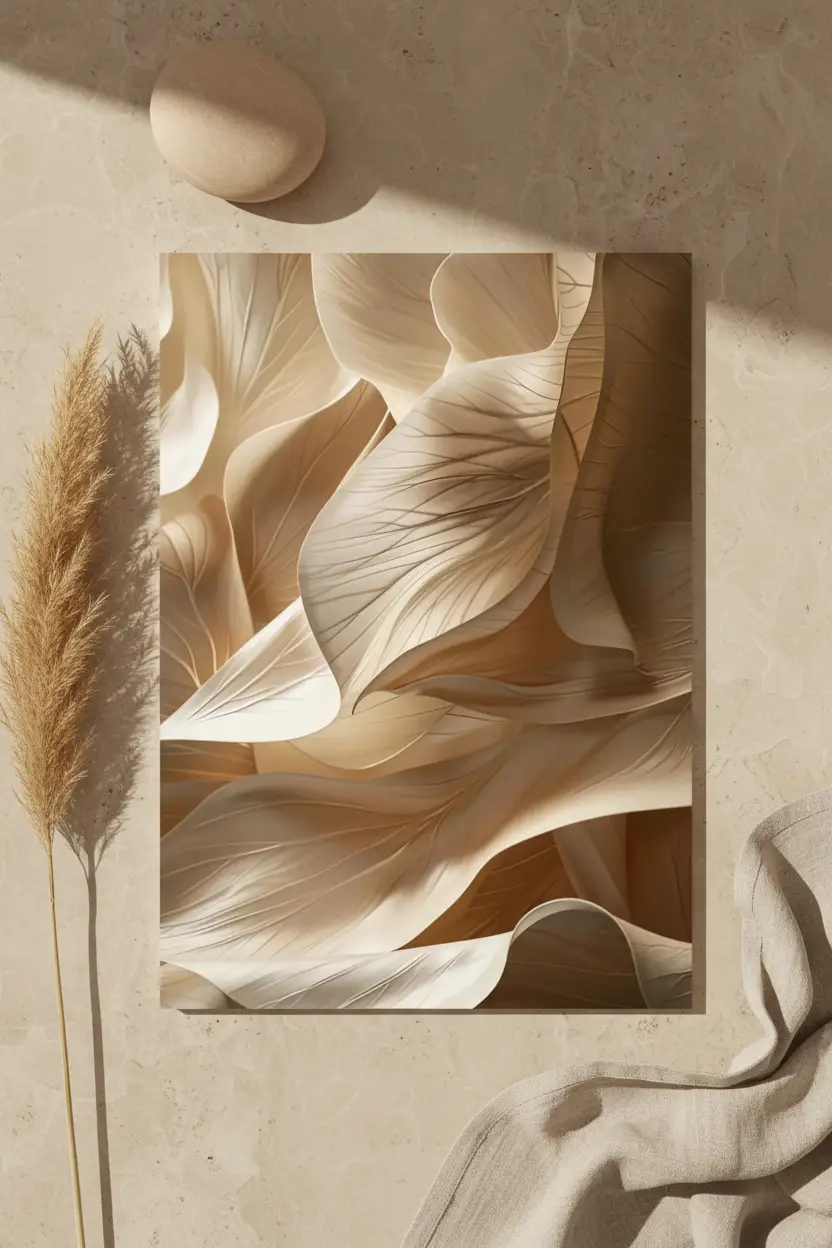 Le Canyon Ivoire — Affiche murale minimaliste ivoire sable végétal organique, affiche murale minimaliste avec cadre bois, décoration murale salon ou chambre, style méditerranéen