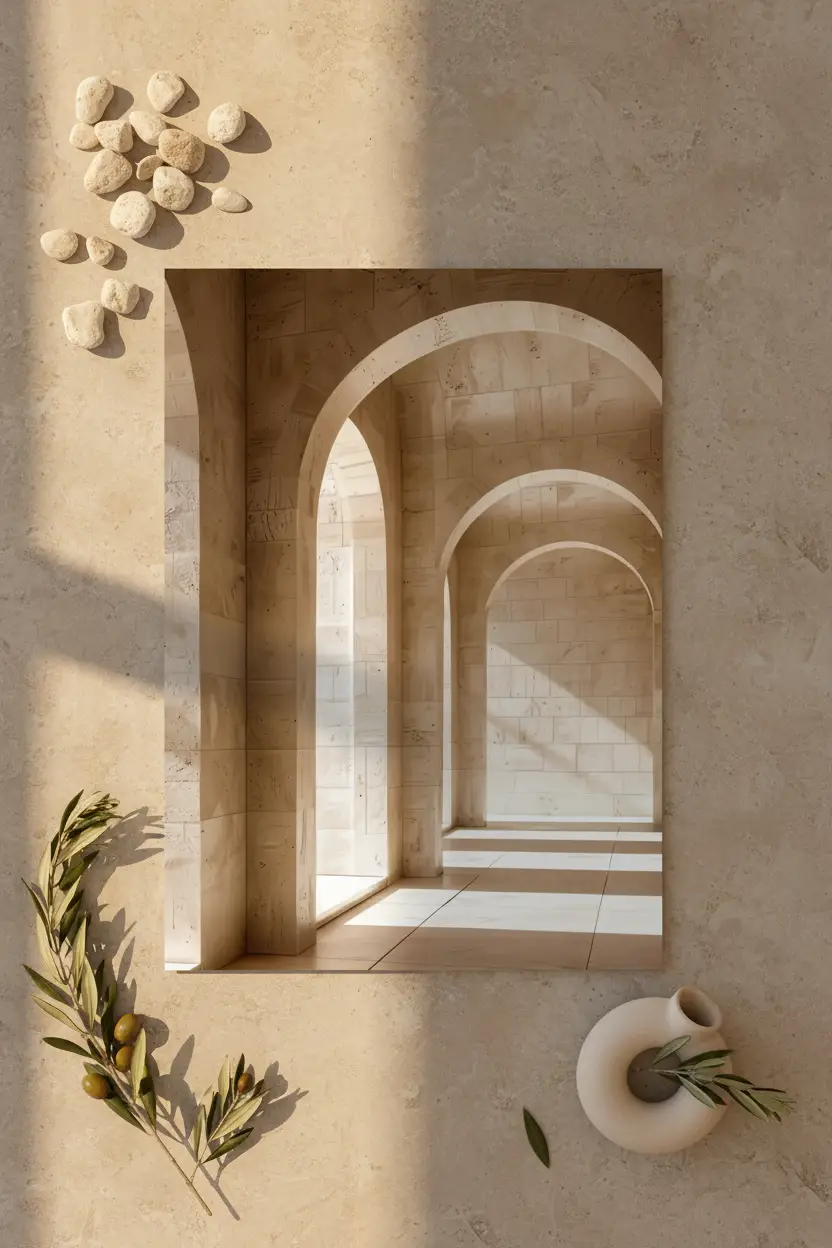 De Steenportiek — Minimalistische beige architectuur muuraffiche  