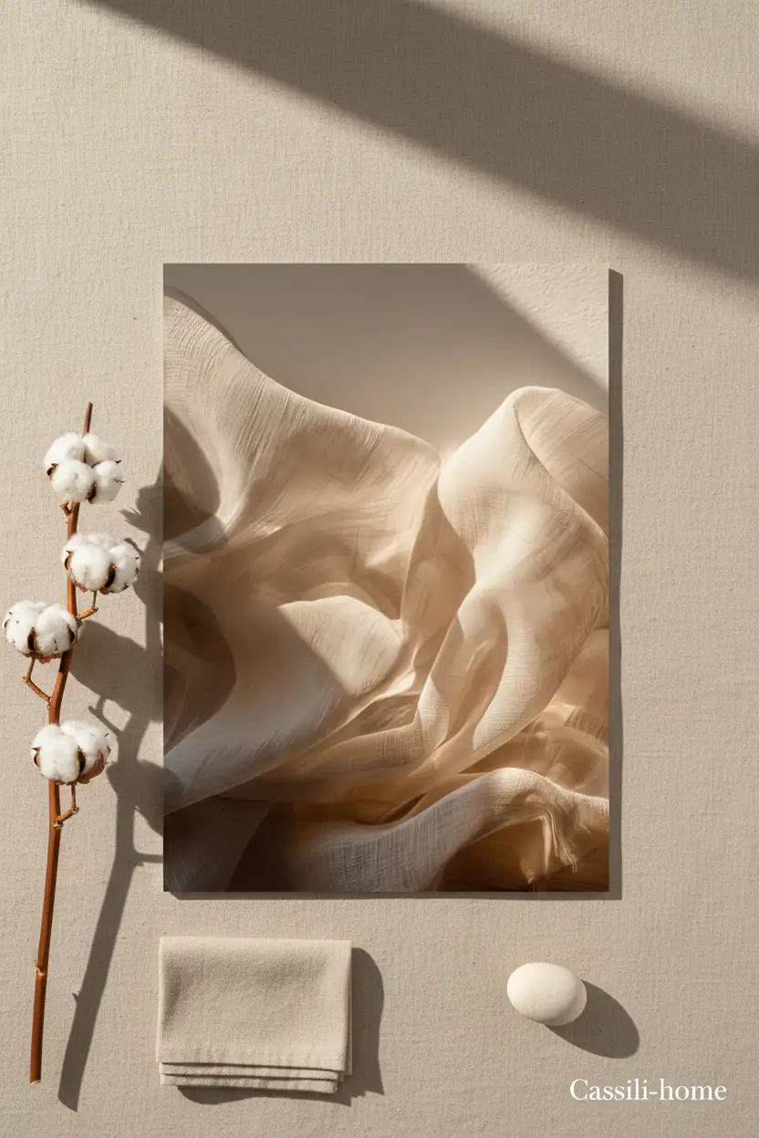 Les Vagues de Lin — Affiche murale minimaliste ivoire texture abstrait, affiche murale minimaliste avec cadre bois, décoration murale salon ou chambre, style méditerranéen