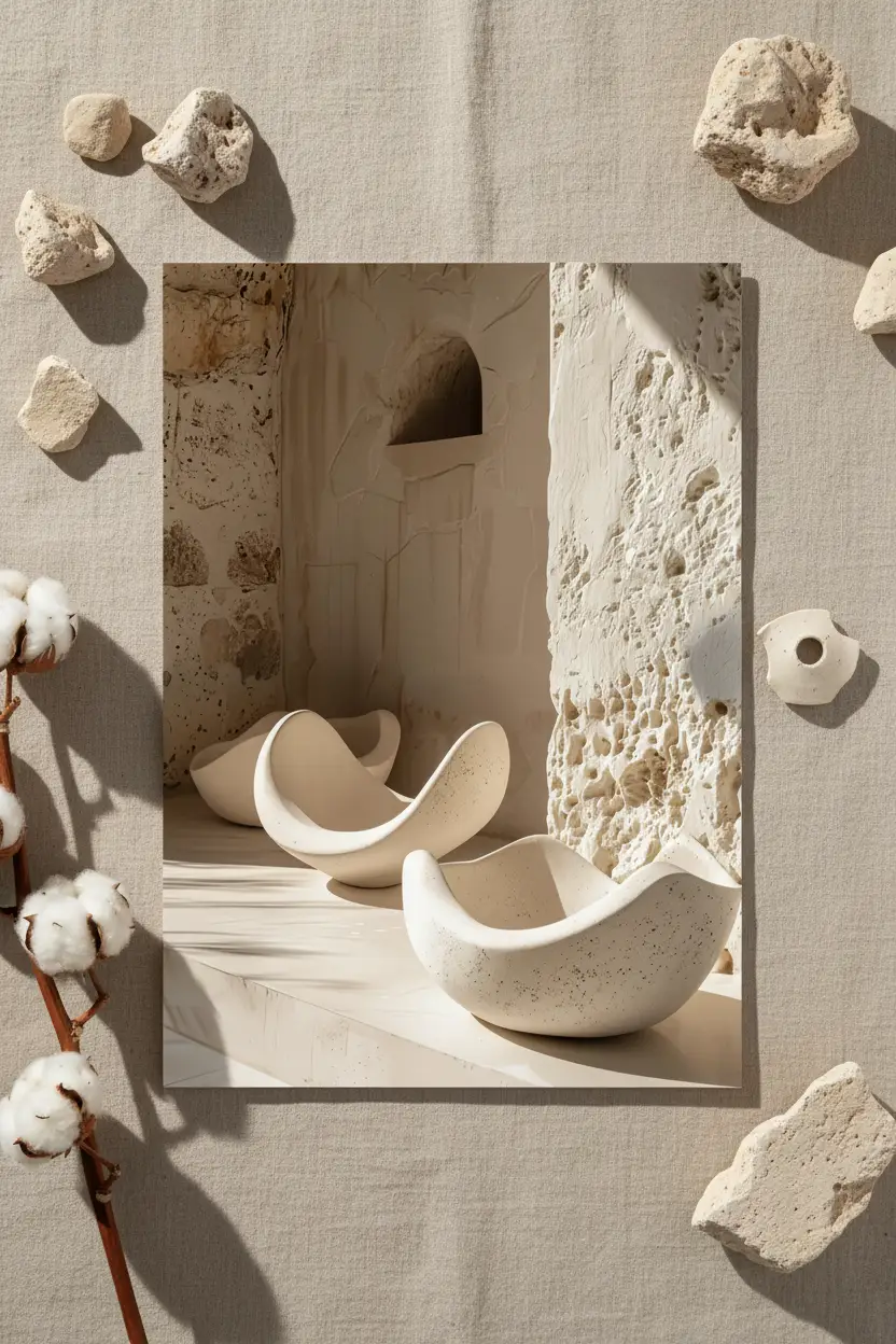 Les Coques de Pierre — Affiche murale minimaliste sable minéral, affiche murale minimaliste avec cadre bois, décoration murale salon ou chambre, style méditerranéen